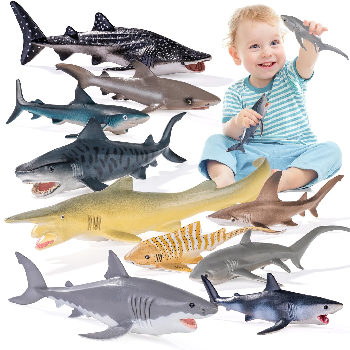 THINKBAY 10Pcs Shark Toys 5-8 Inches for Toddlers 3-8 | Bath Toys, Cake Toppers & Party Favors