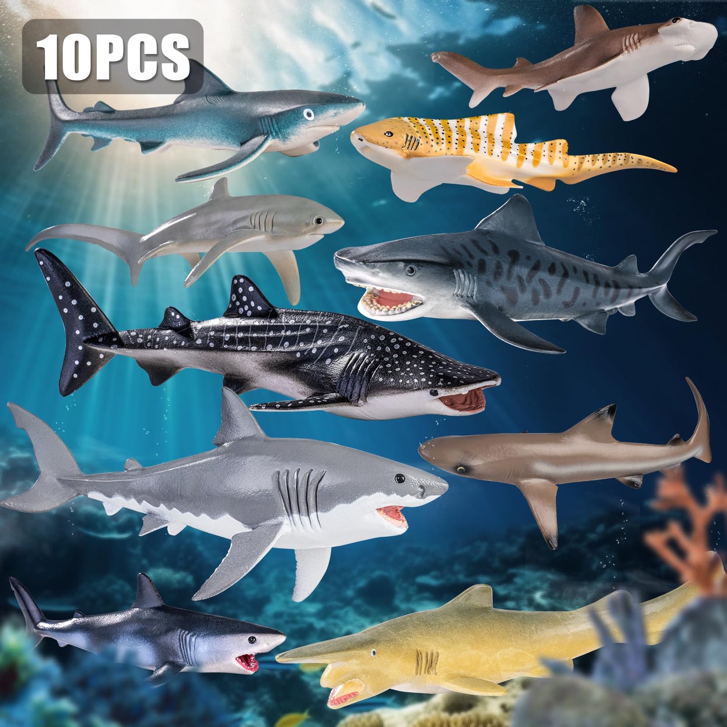 THINKBAY 10Pcs Shark Toys 5-8 Inches for Toddlers 3-8 | Bath Toys, Cake Toppers & Party Favors