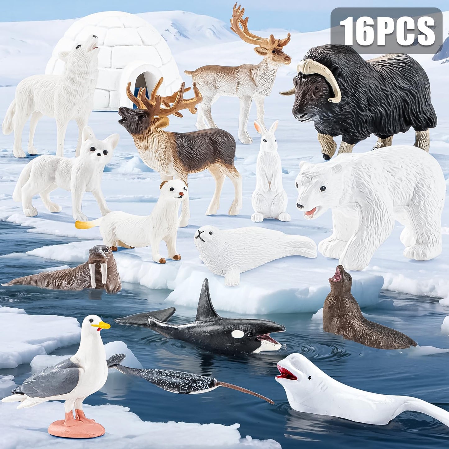 THINKBAY Arctic Animals Figurines + 108-Piece Large Arctic Puzzle – 16 Figurines for Preschoolers