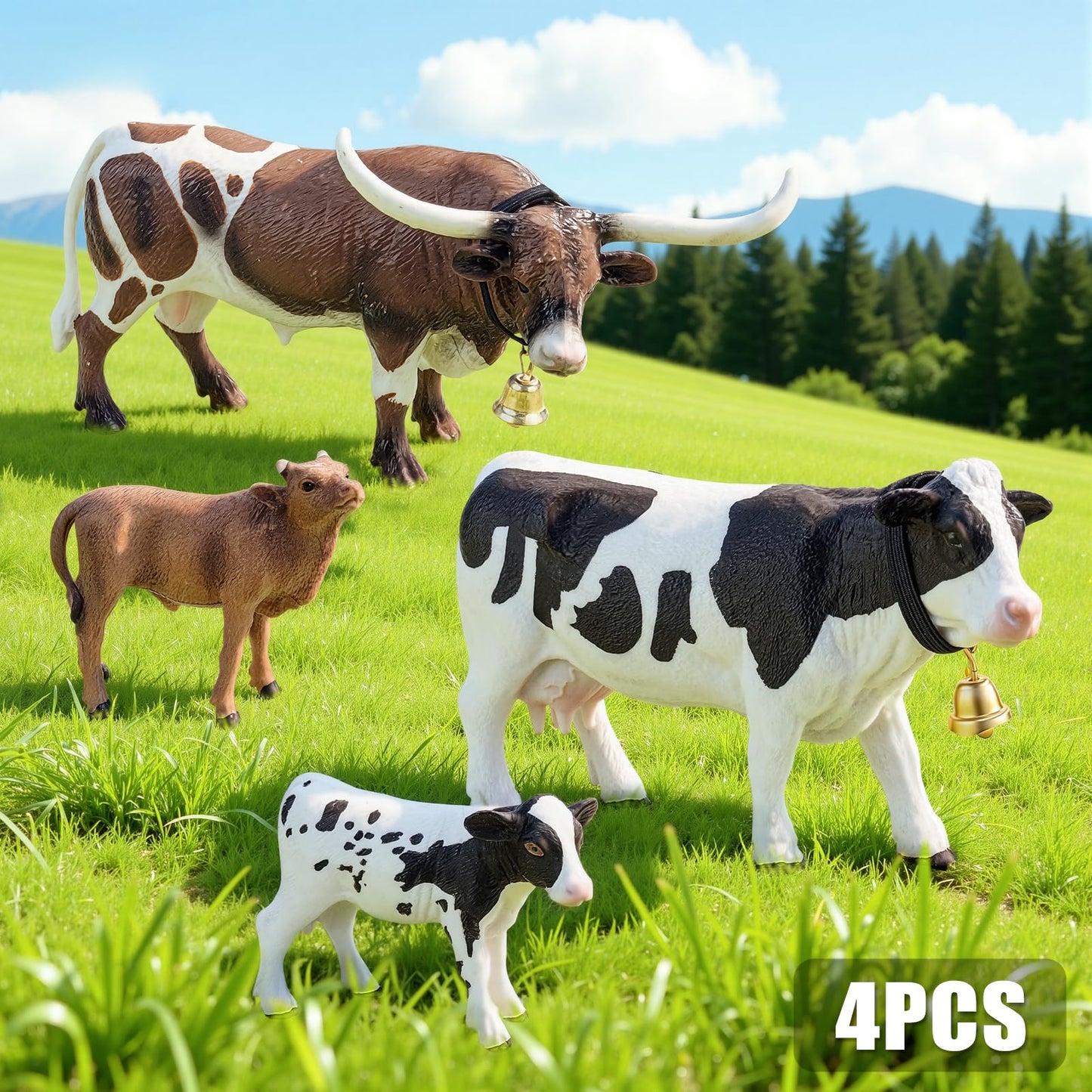 THINKBAY 4-Piece Farm Animal Figurines: White Holstein & Texas Longhorn Cows