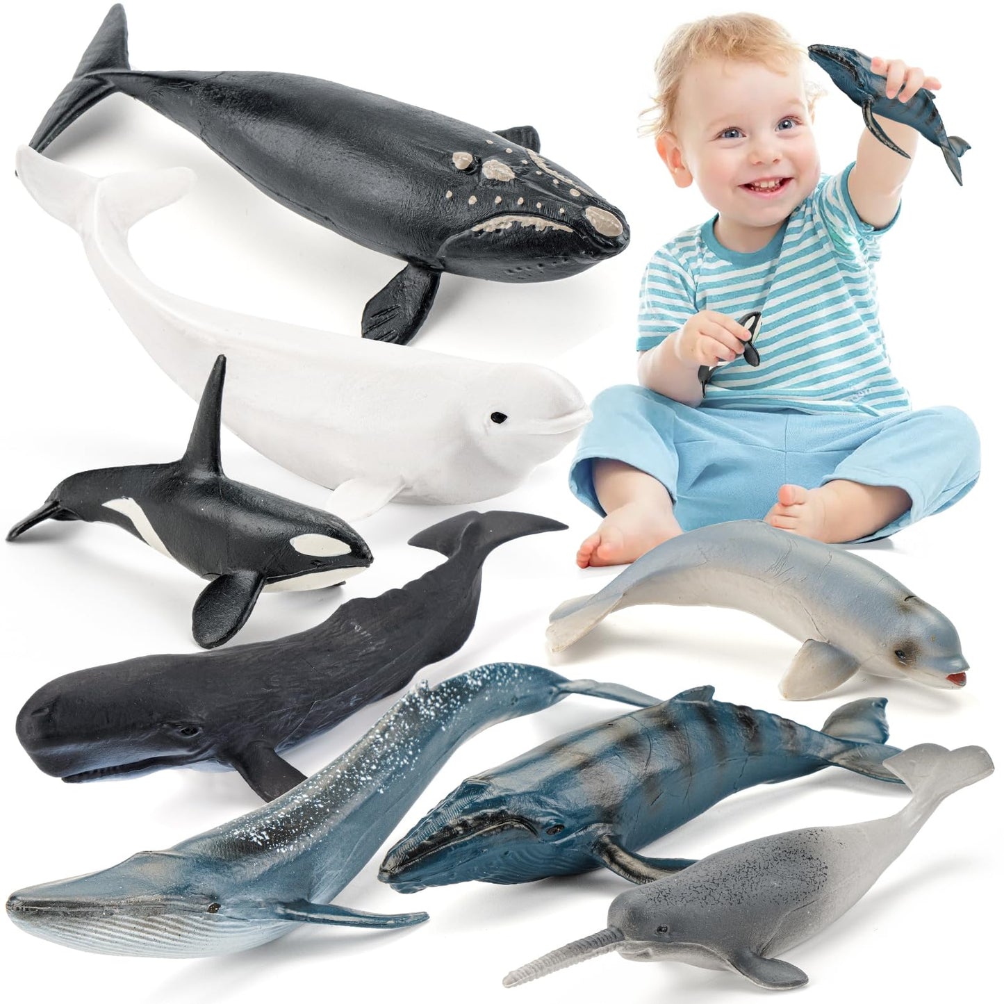 THINKBAY 8PCS Whale Figurines for Toddlers – Realistic Ocean Animals Toys (BPA-free PVC)