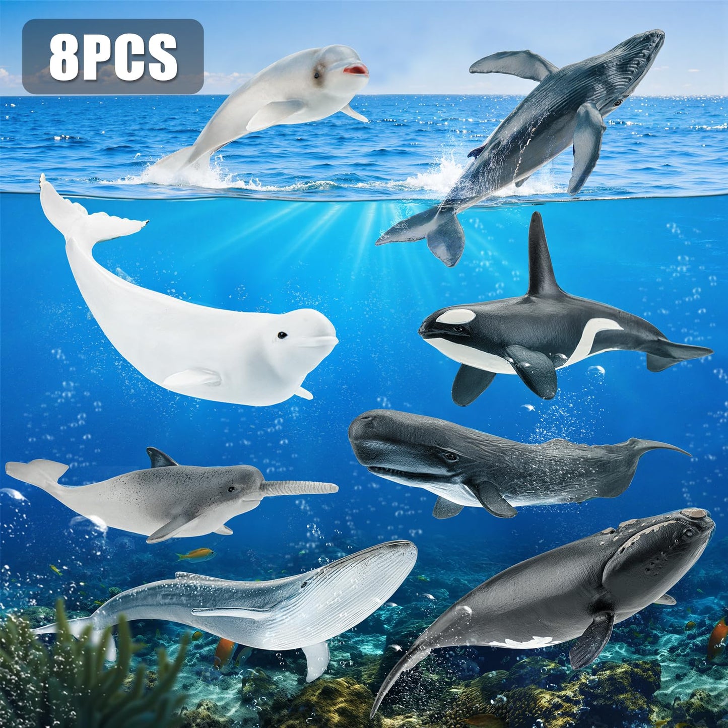 THINKBAY 8PCS Whale Figurines for Toddlers – Realistic Ocean Animals Toys (BPA-free PVC)