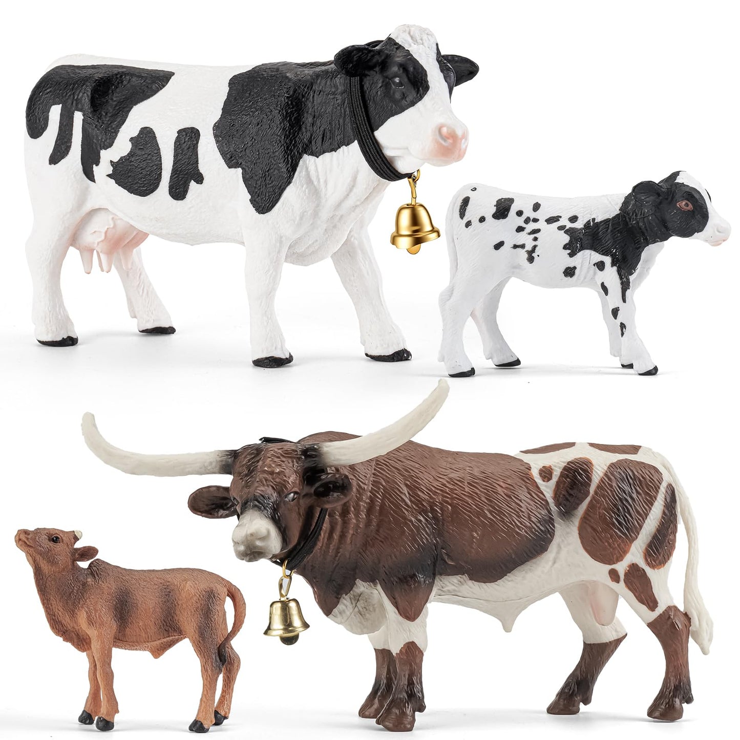 THINKBAY 4-Piece Farm Animal Figurines: White Holstein & Texas Longhorn Cows