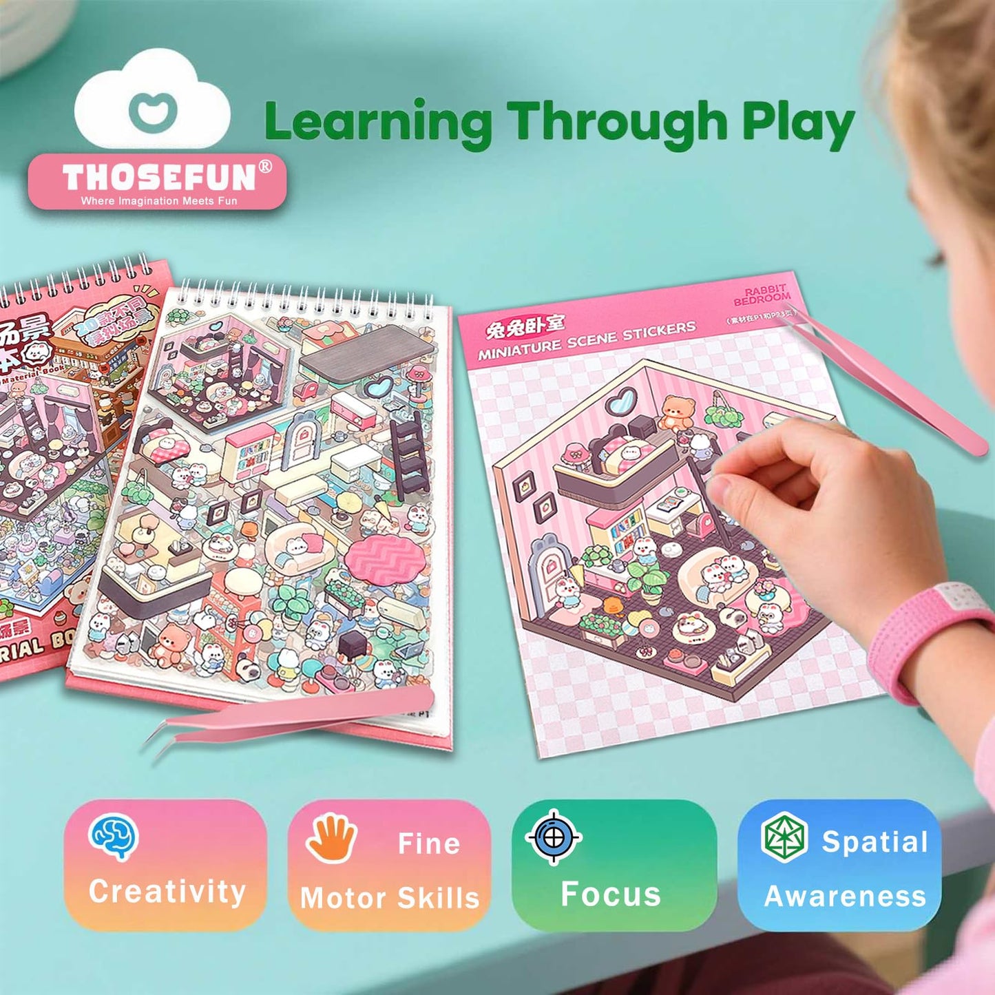 THOSEFUN 3D Sticker Scene Book for Adults — 20 Scenes, 2 Tweezers, DIY Gift