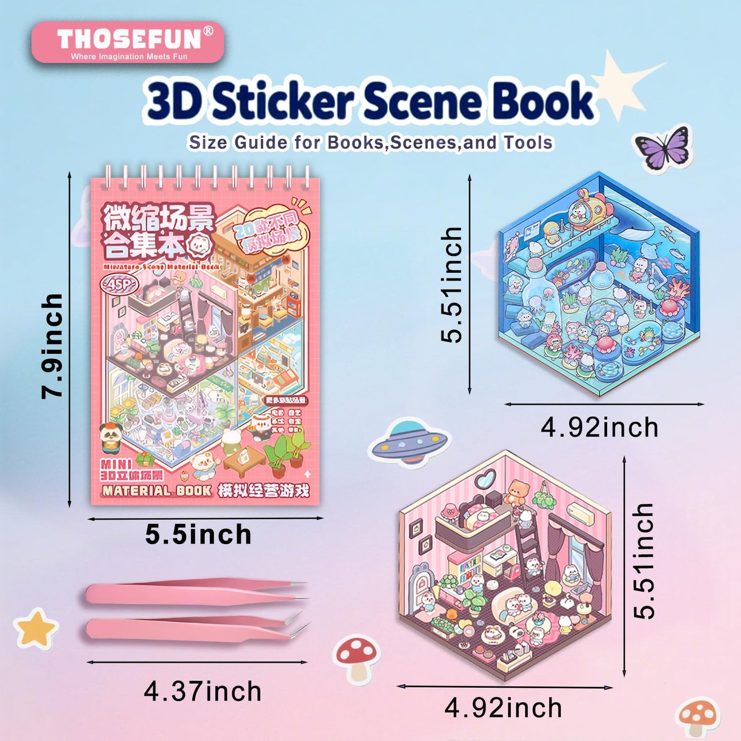THOSEFUN 3D Sticker Scene Book for Adults — 20 Scenes, 2 Tweezers, DIY Gift