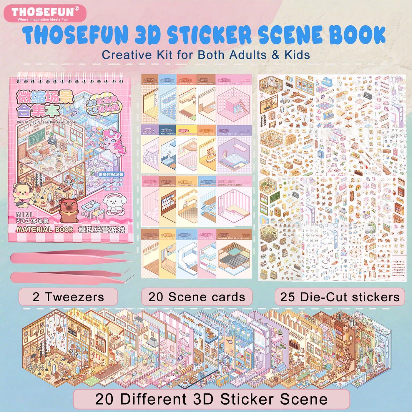 THOSEFUN 20 Sets DIY 3D Sticker Scene Book for Adults – Creative Miniatures & Relaxing Activity