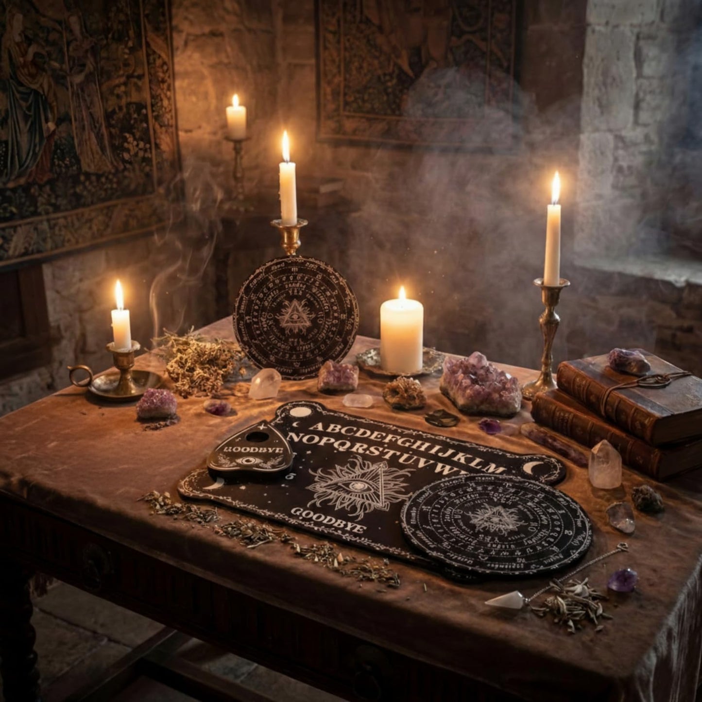 Threan Pendulum Dowsing Board with Amethyst Set — Wooden Spirit Talking Board & Planchette