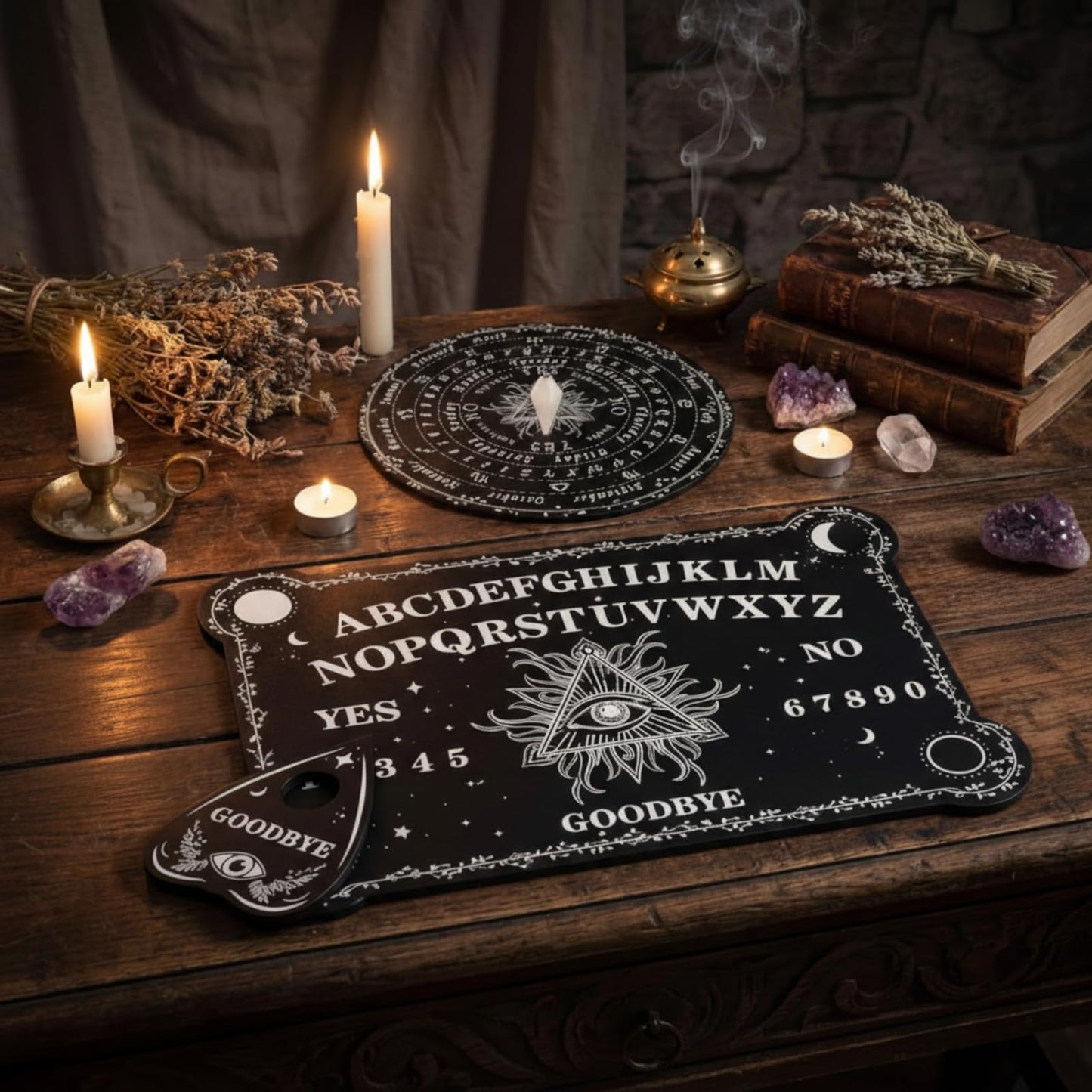 Threan Pendulum Dowsing Board with Amethyst Set — Wooden Spirit Talking Board & Planchette