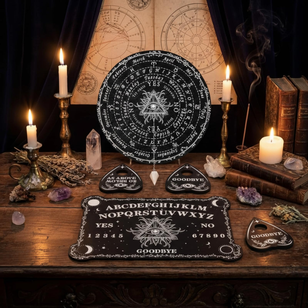 Threan Pendulum Dowsing Board with Amethyst Set — Wooden Spirit Talking Board & Planchette