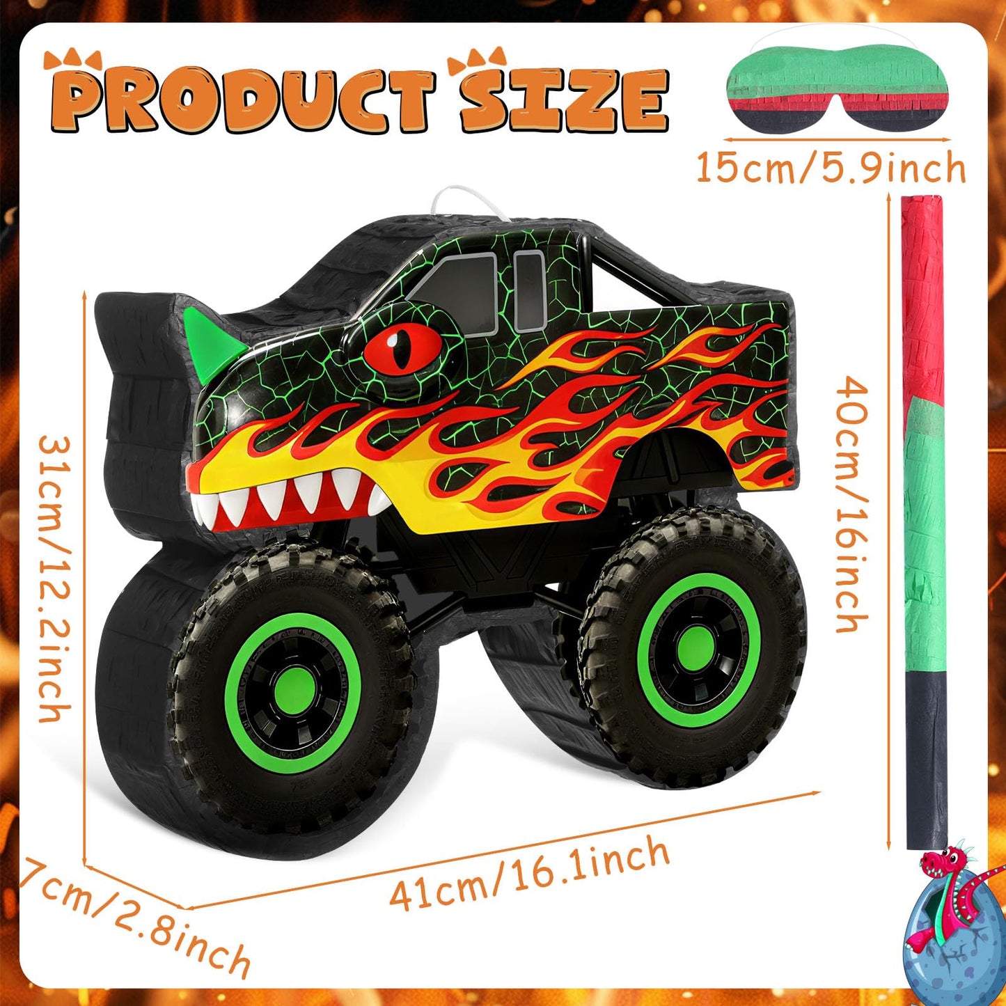 Threan Dino Monster Truck Piñata – Party Decoration & Blindfold