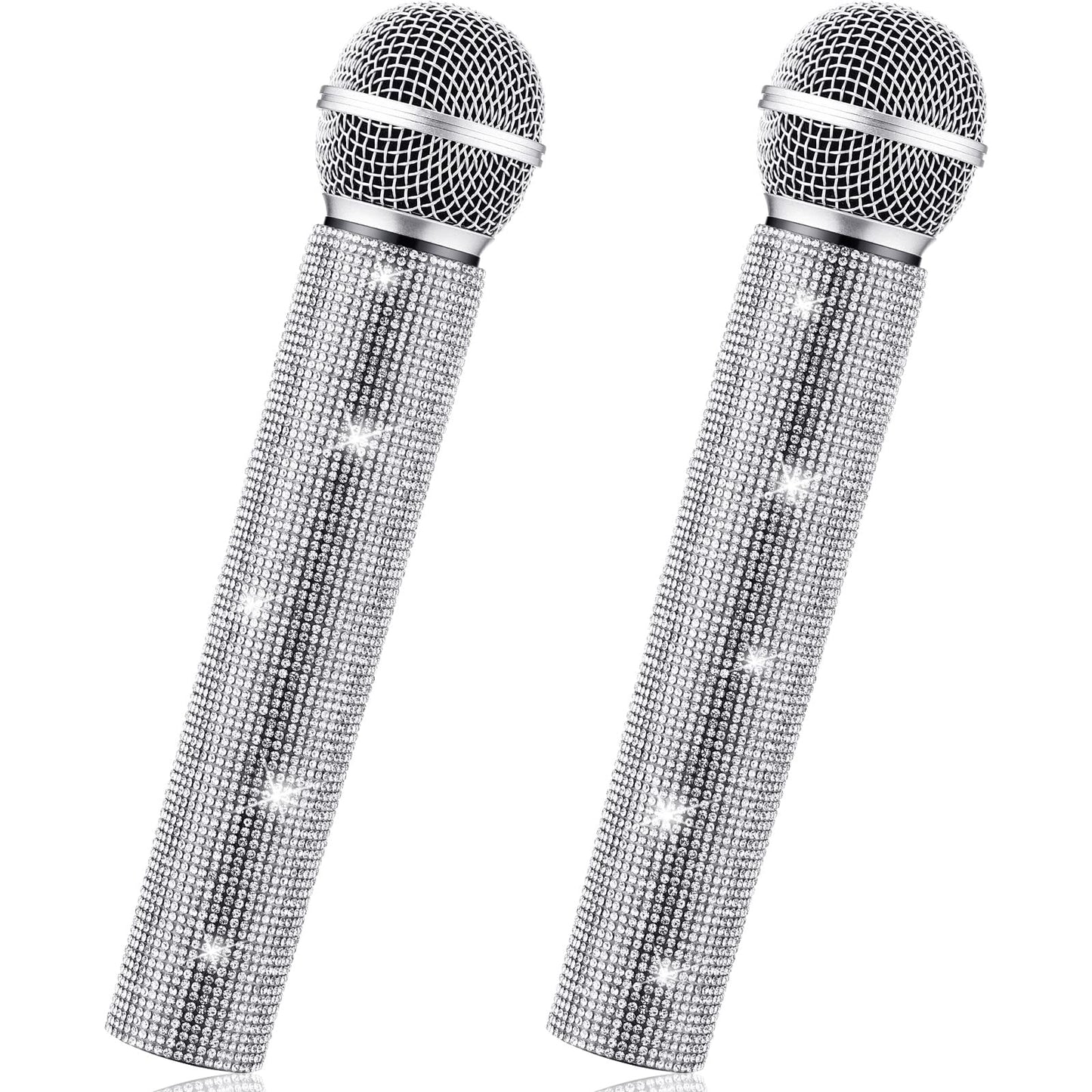 Threan 2 Pcs Fake Microphone Prop – Silver Glitter Rhinestone Play Mic for Parties & Cosplay