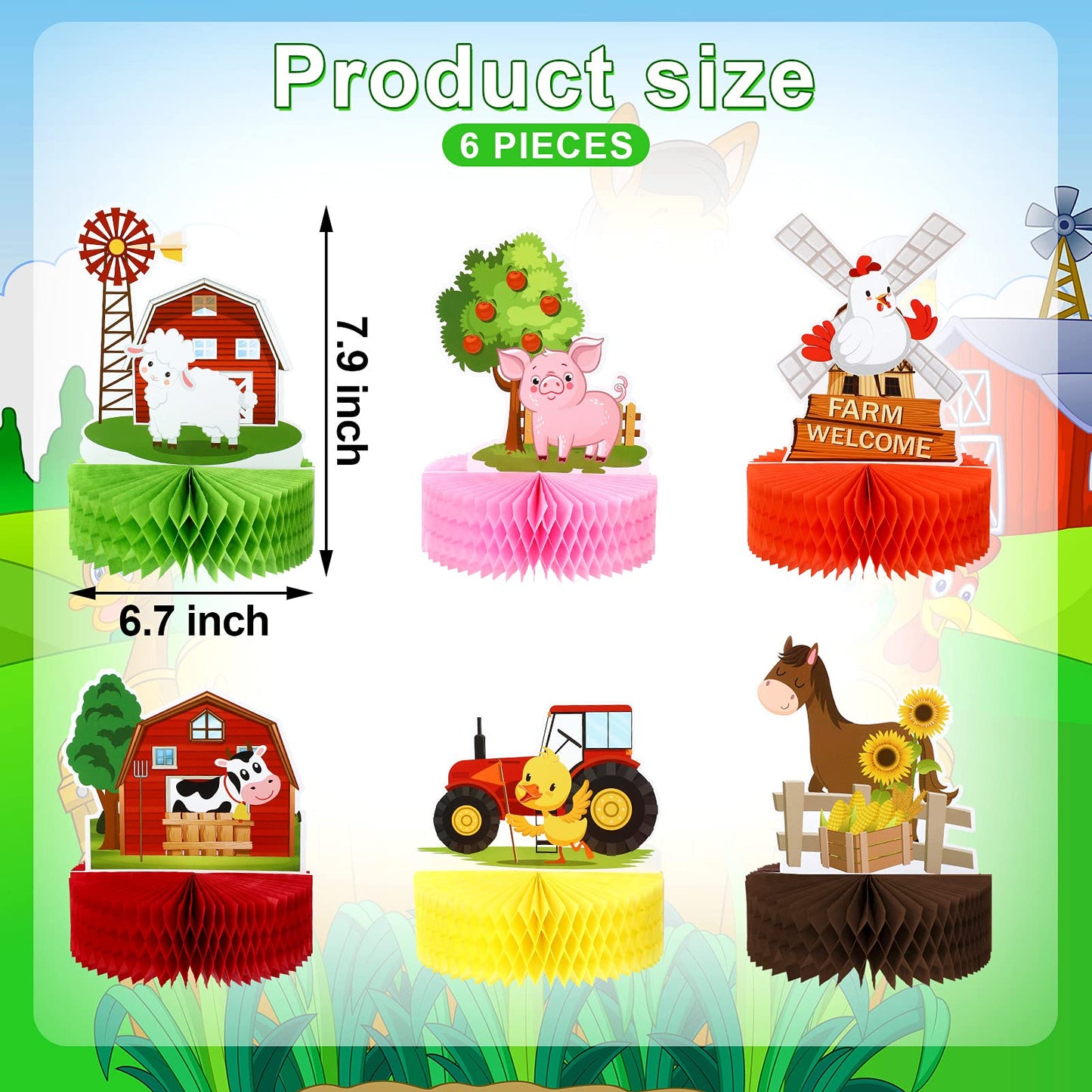 Threan 6 Pcs Farm Animals Honeycomb Centerpieces — Colorful Barnyard Birthday Party Decorations