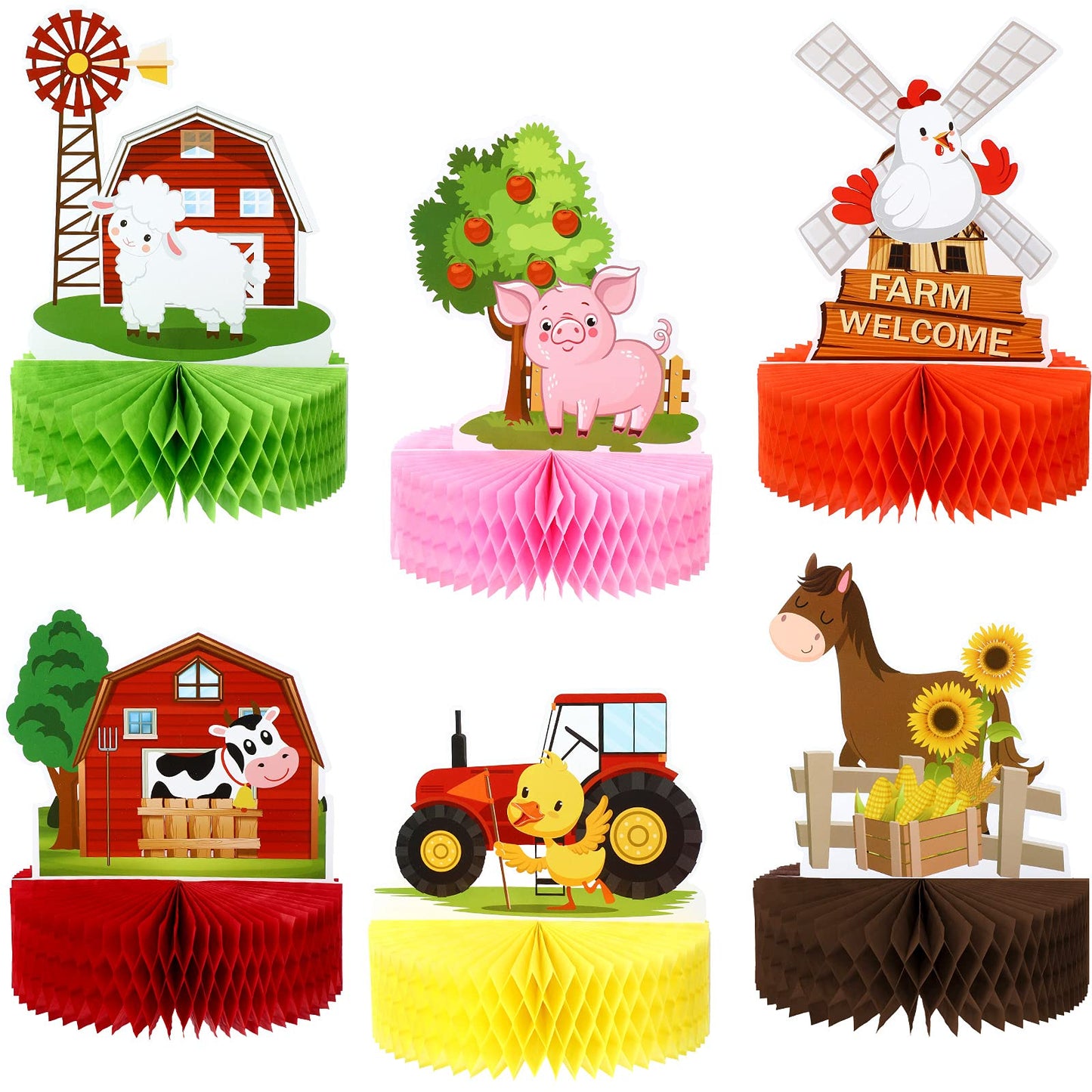 Threan 6 Pcs Farm Animals Honeycomb Centerpieces — Colorful Barnyard Birthday Party Decorations