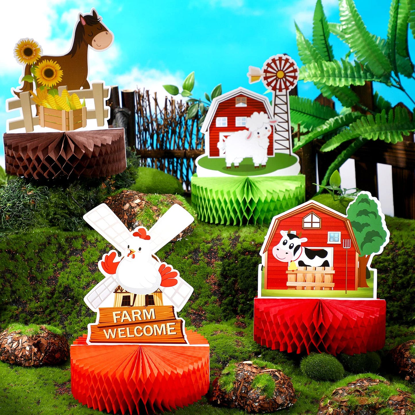 Threan 6 Pcs Farm Animals Honeycomb Centerpieces — Colorful Barnyard Birthday Party Decorations