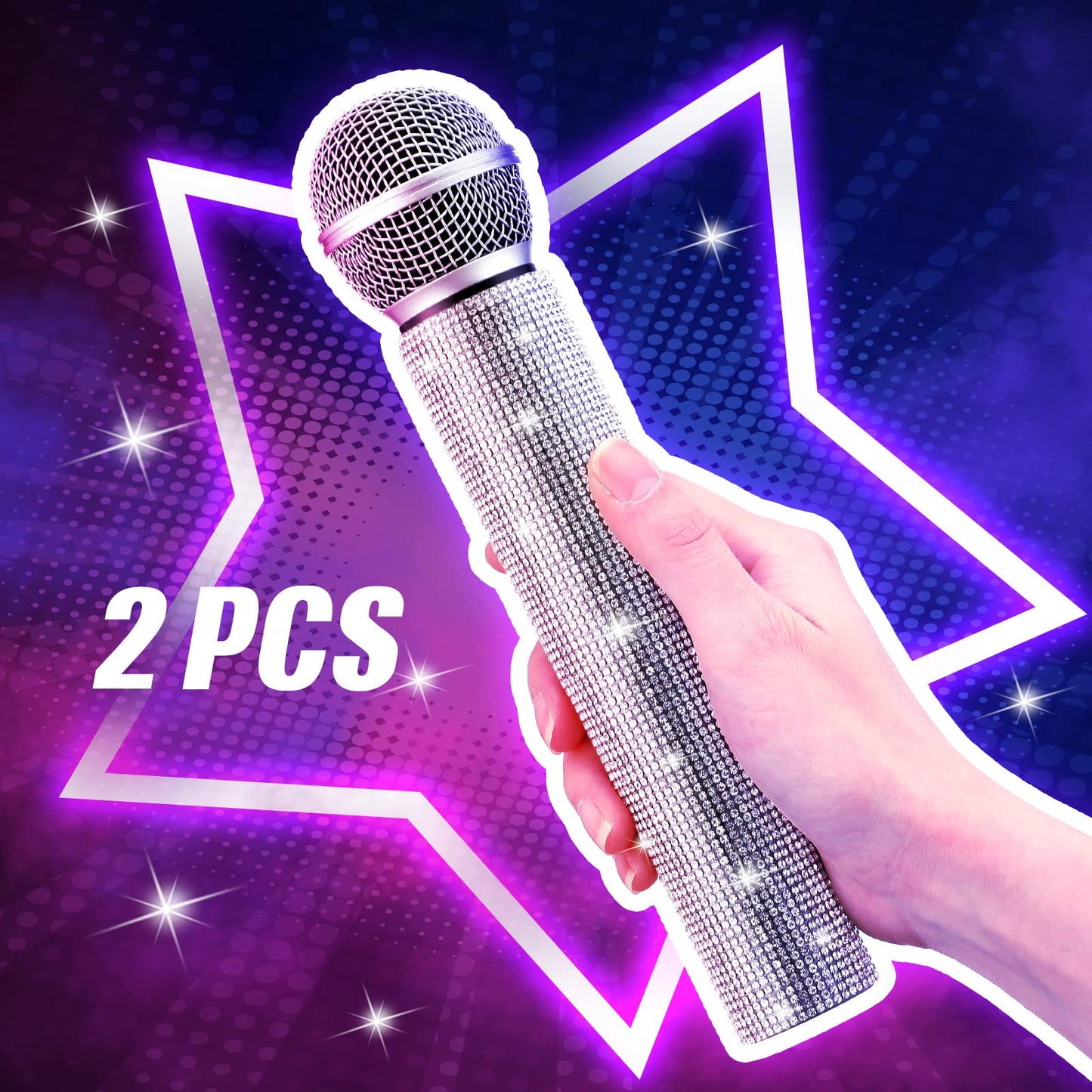 Threan 2 Pcs Fake Microphone Prop – Silver Glitter Rhinestone Play Mic for Parties & Cosplay