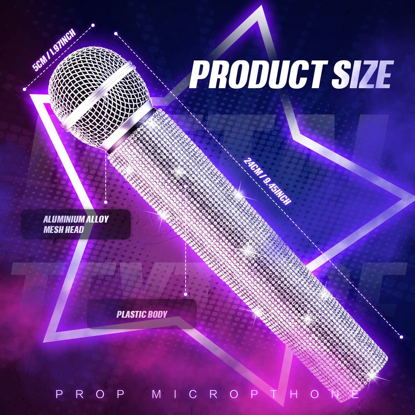 Threan 2 Pcs Fake Microphone Prop – Silver Glitter Rhinestone Play Mic for Parties & Cosplay