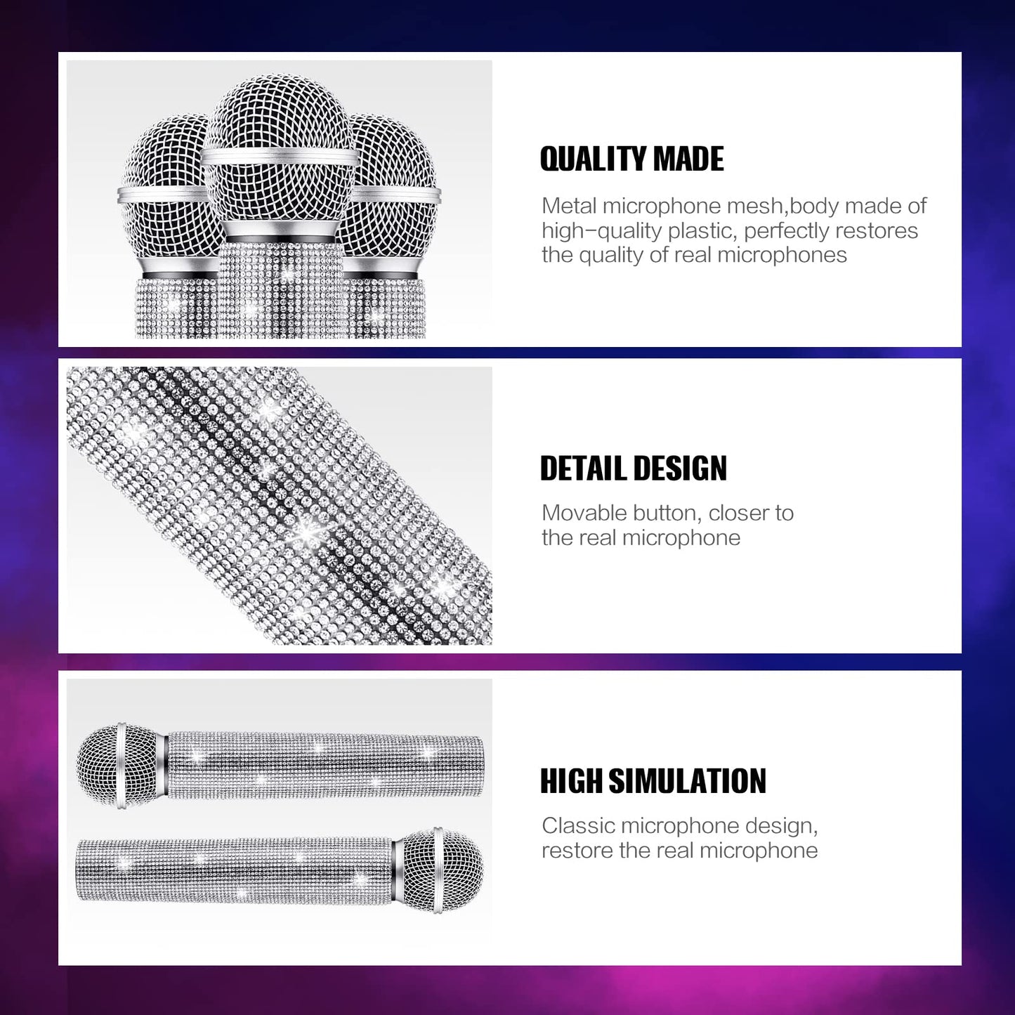 Threan 2 Pcs Fake Microphone Prop – Silver Glitter Rhinestone Play Mic for Parties & Cosplay