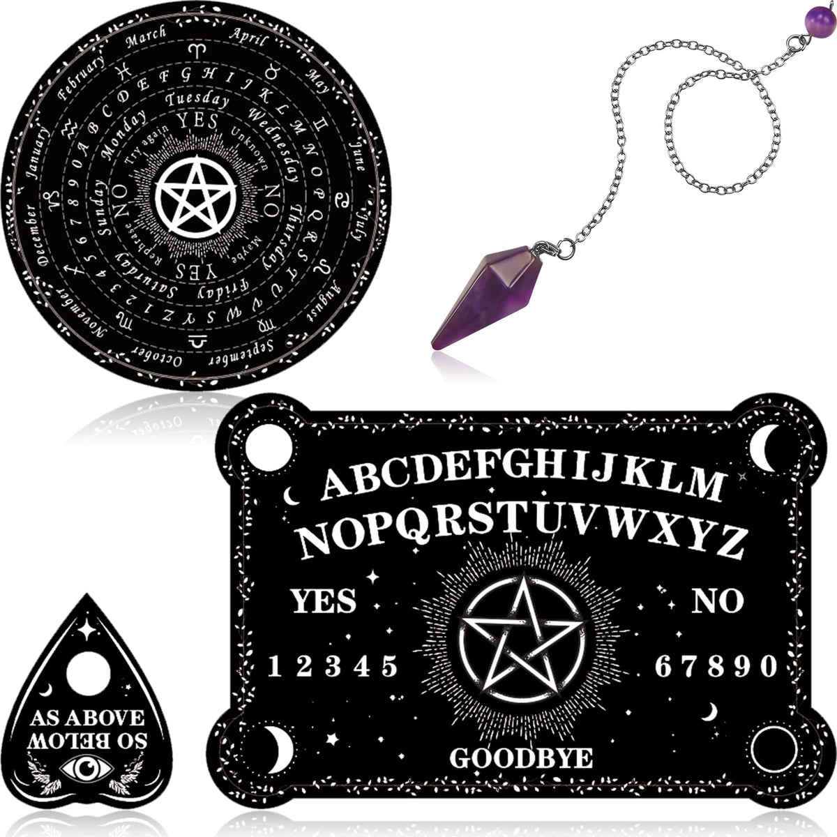 Threan Pendulum Dowsing Board with Amethyst Set – Wooden Spirit Talking Board & Crystal Necklace | Star Style
