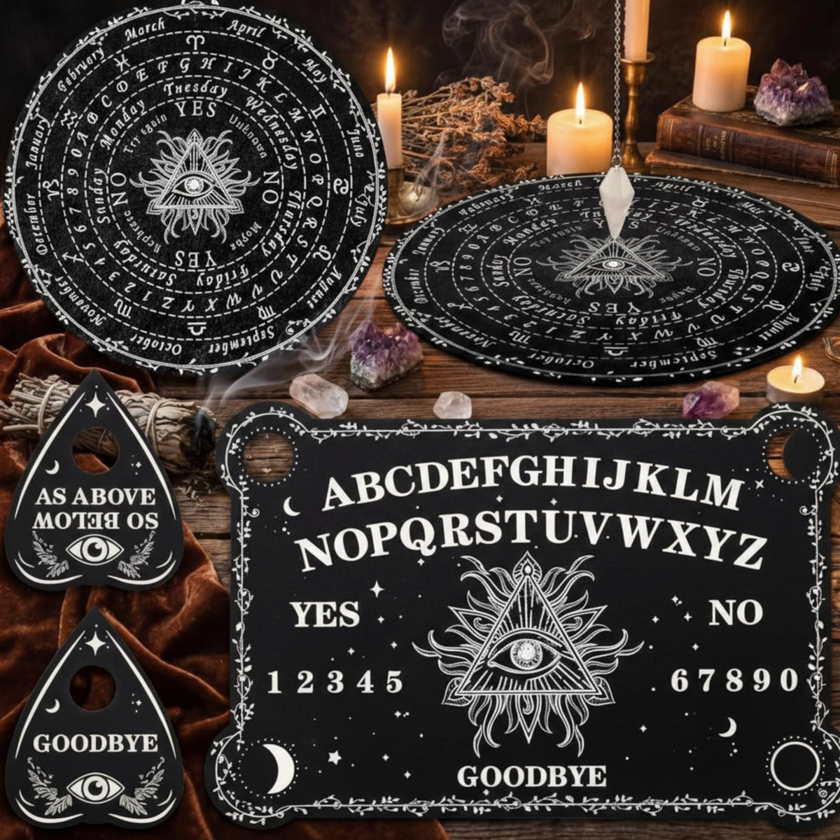 Threan Pendulum Dowsing Board with Amethyst Set — Wooden Spirit Talking Board & Planchette