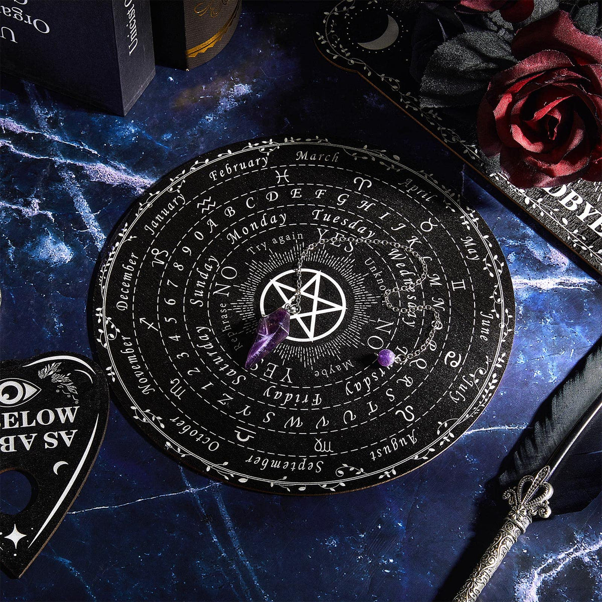 Threan Pendulum Dowsing Board with Amethyst Set – Wooden Spirit Talking Board & Crystal Necklace | Star Style