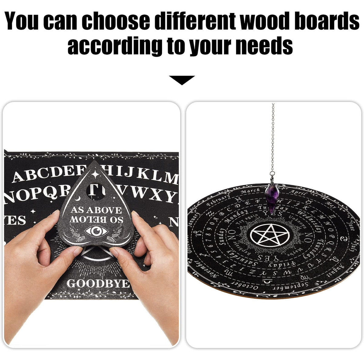 Threan Pendulum Dowsing Board with Amethyst Set – Wooden Spirit Talking Board & Crystal Necklace | Star Style