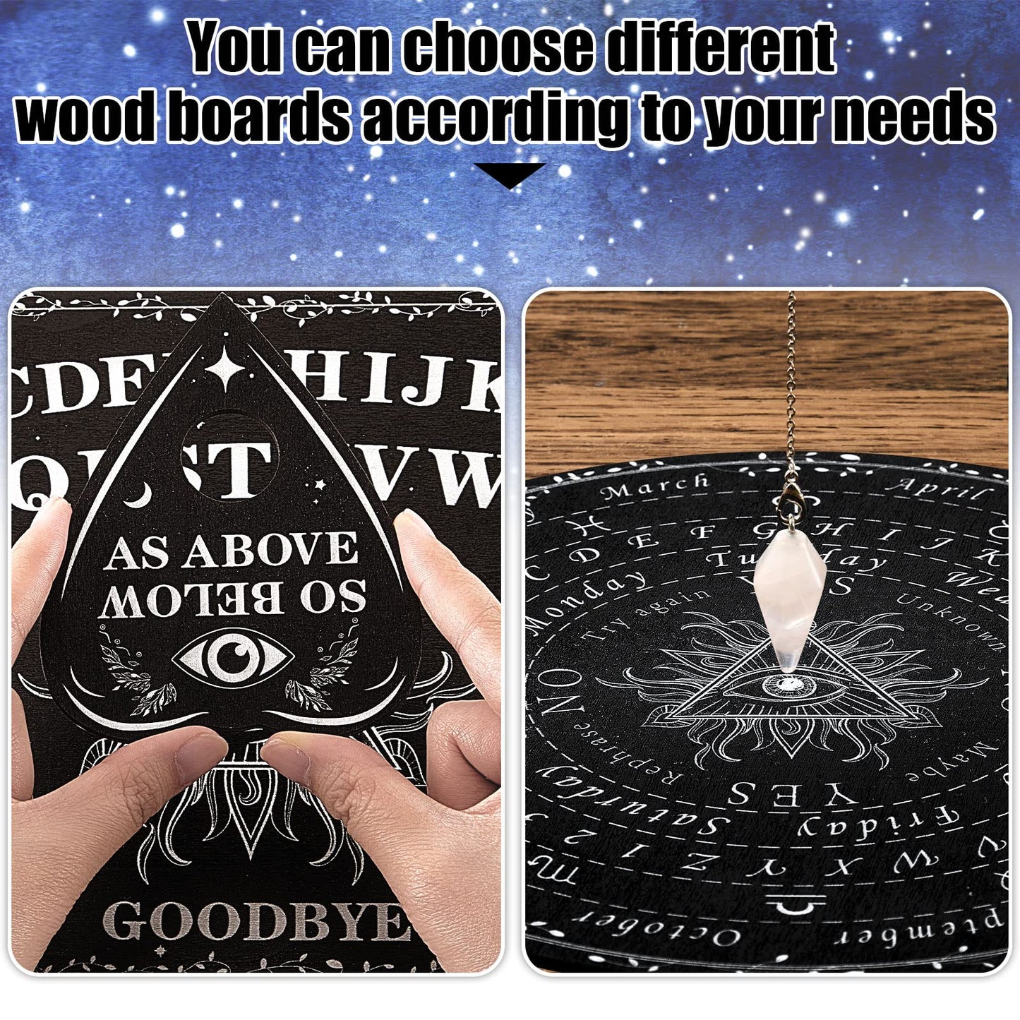 Threan Pendulum Dowsing Board with Amethyst Set — Wooden Spirit Talking Board & Planchette