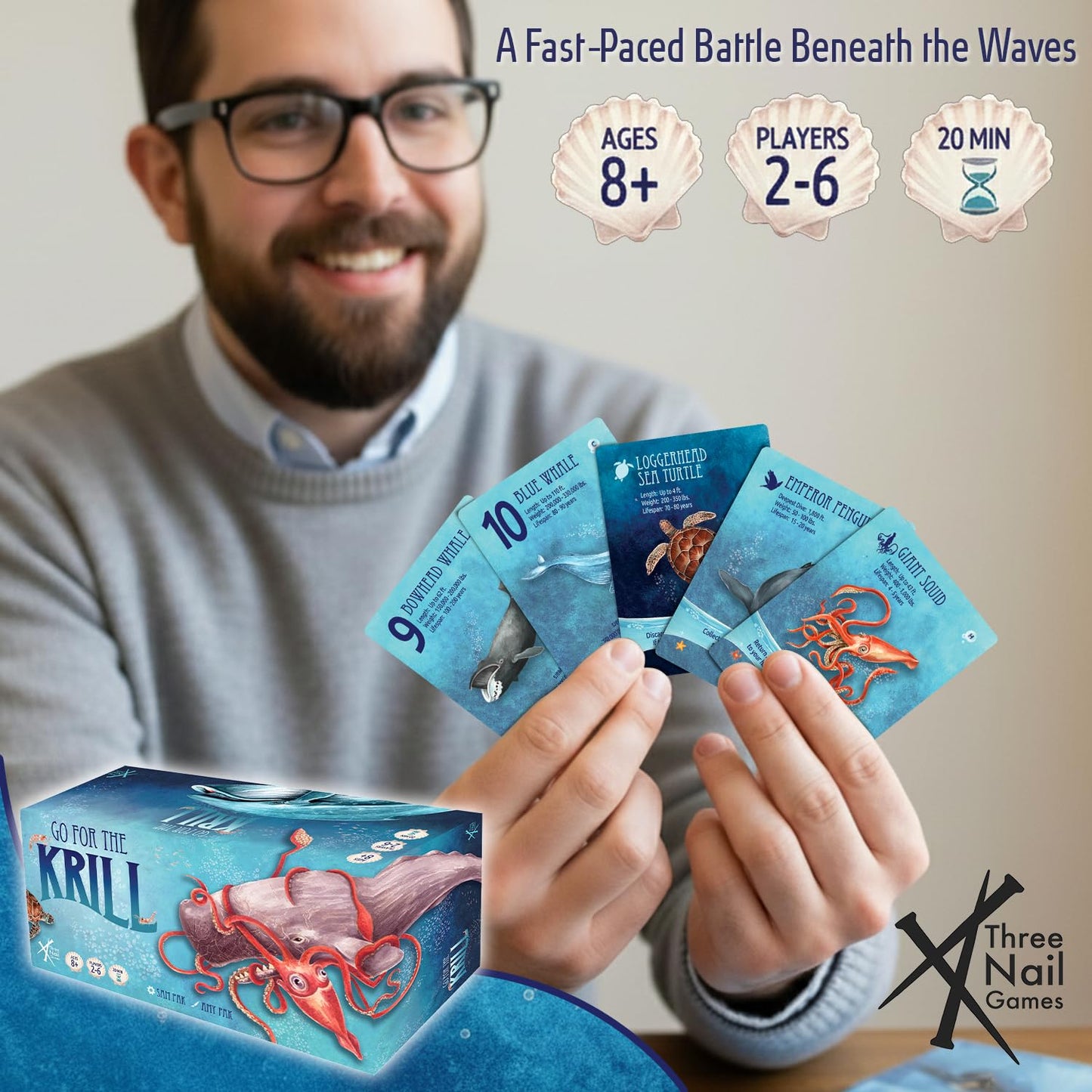 Three Nail Games Go for The Krill — Quick-Play Ocean Adventure Card Game for Family, Travel & Parties