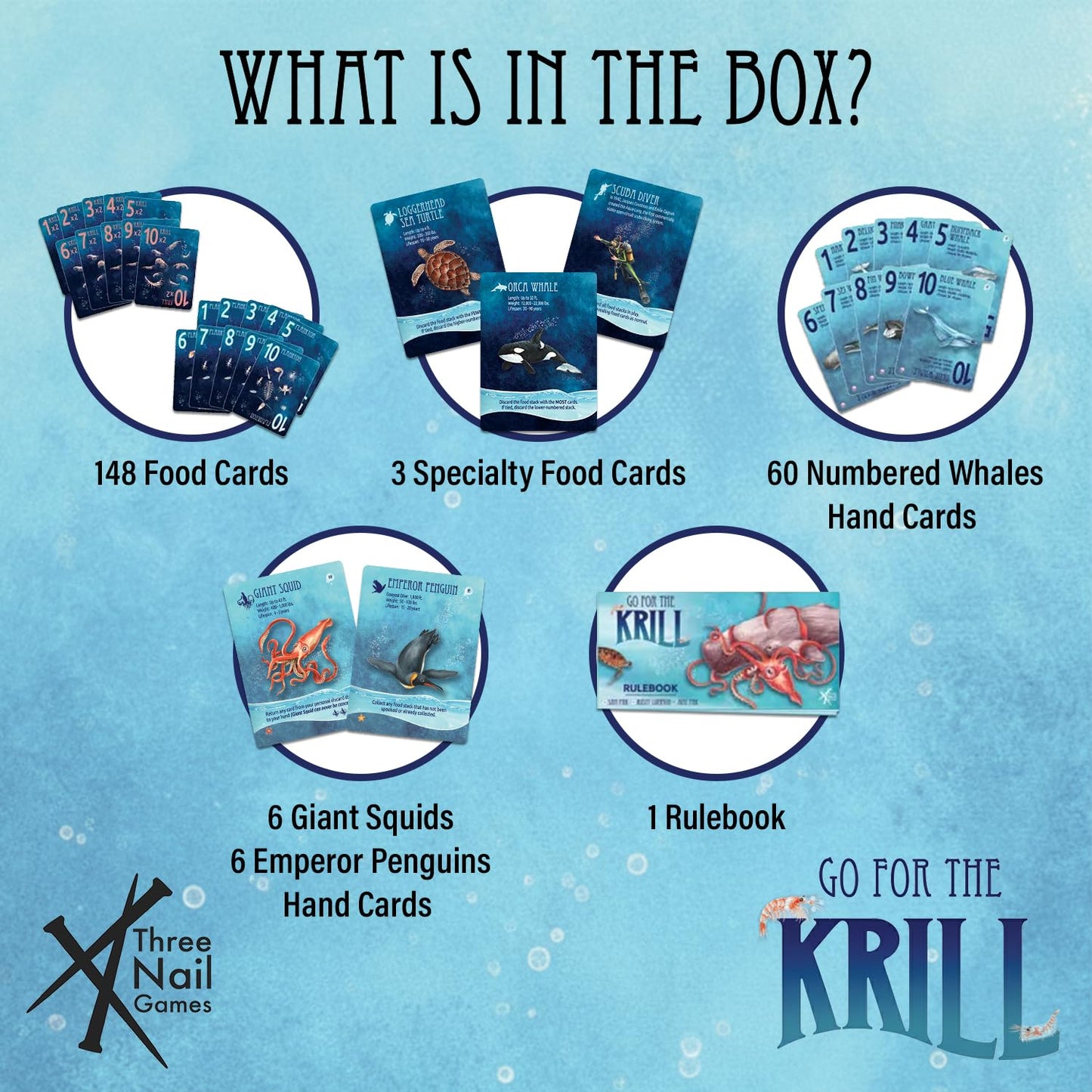 Three Nail Games Go for The Krill — Quick-Play Ocean Adventure Card Game for Family, Travel & Parties