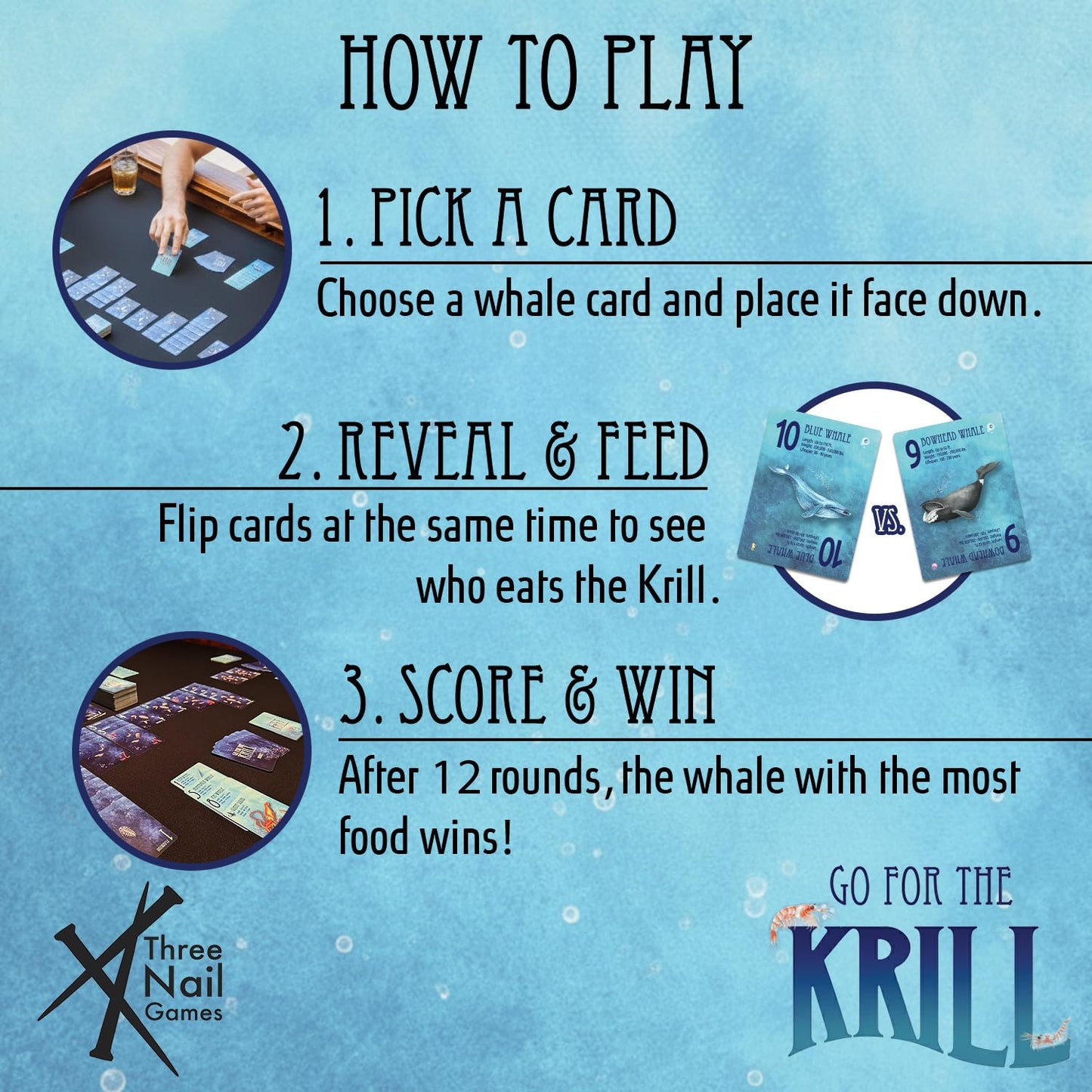 Three Nail Games Go for The Krill — Quick-Play Ocean Adventure Card Game for Family, Travel & Parties