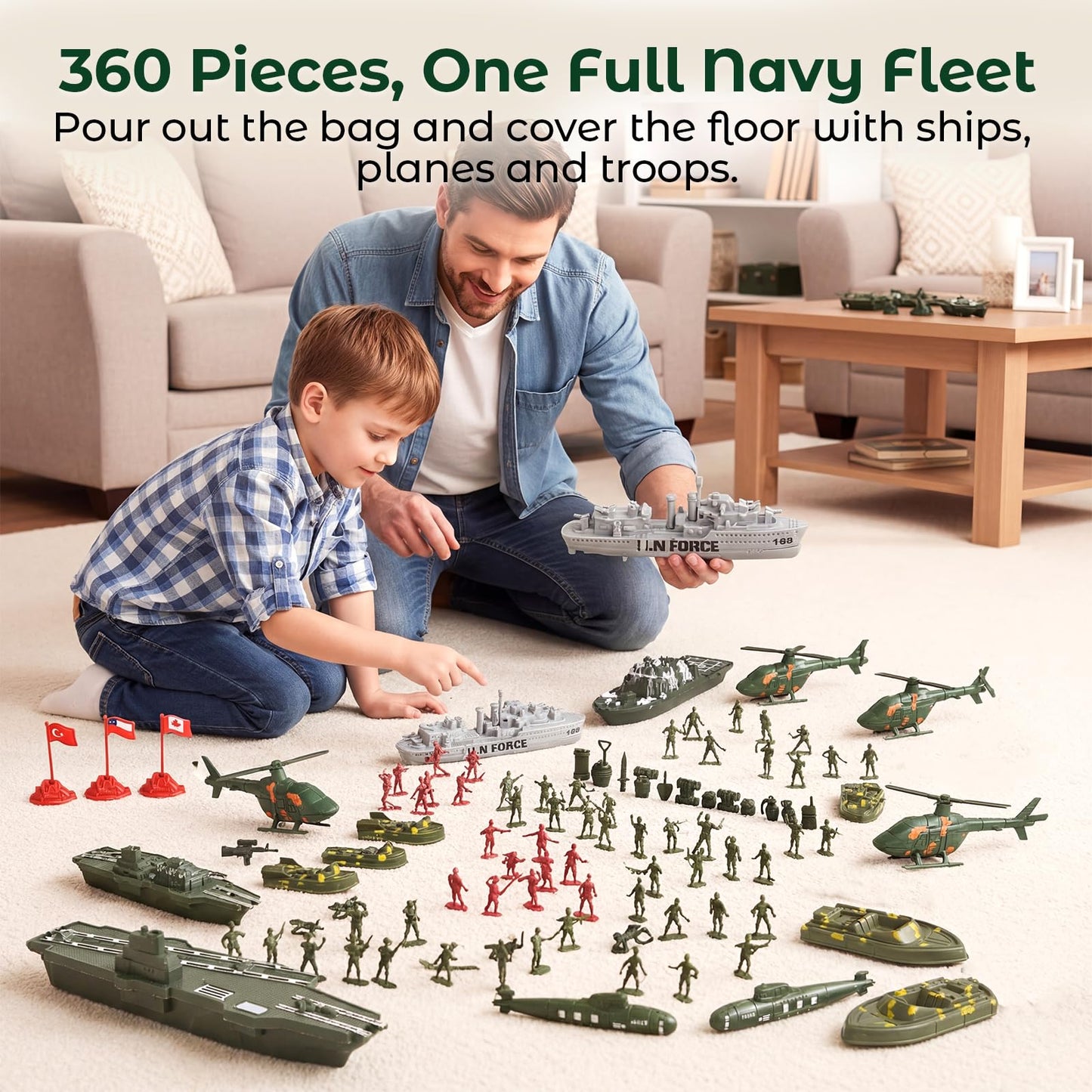 Three Otters 360PCS Army Men Military Set – Navy War Playset with Jets, Ships & Submarine for Kids 3+