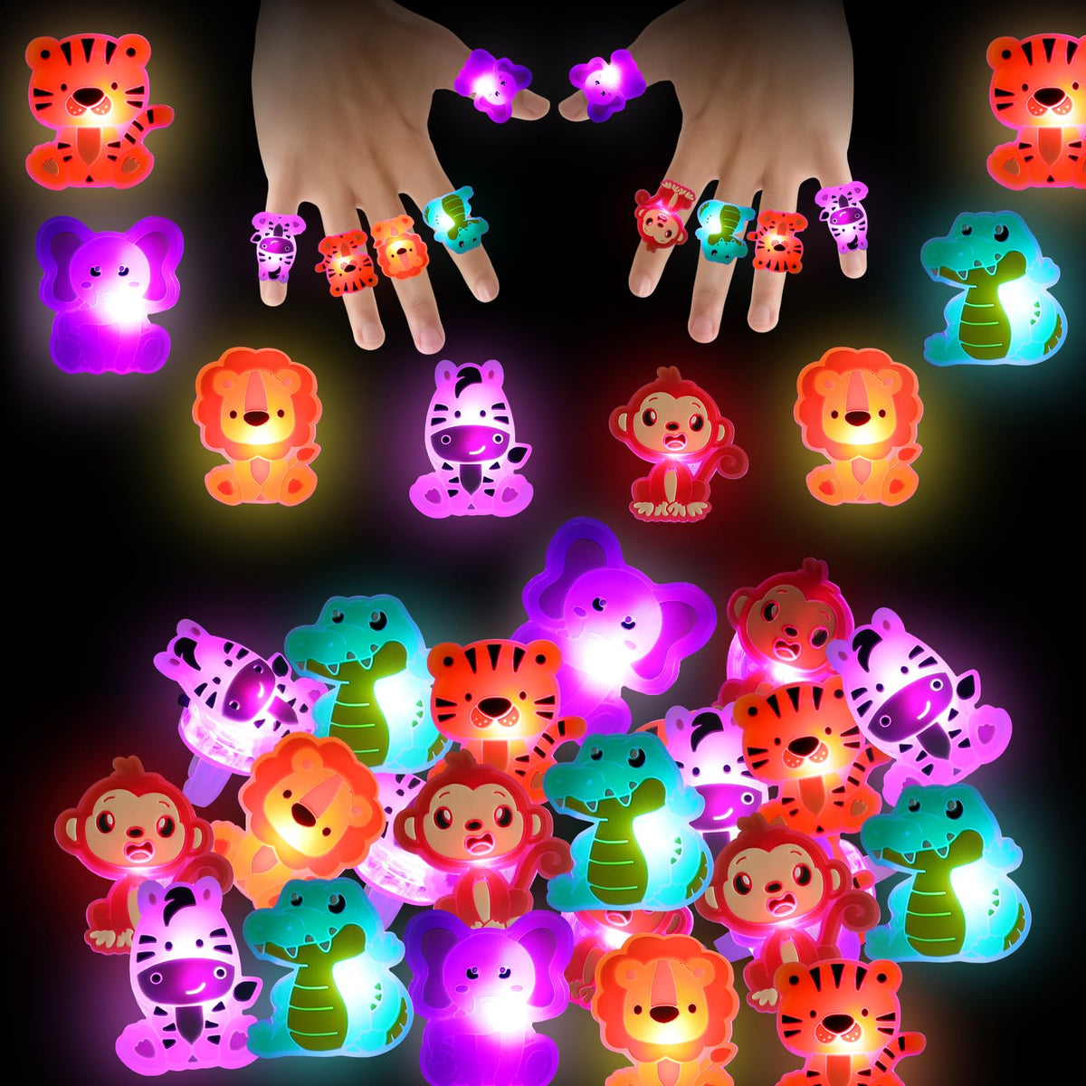 Threelf Jungle Safari Animal Finger Lights – 24 LED Ring Party Favors