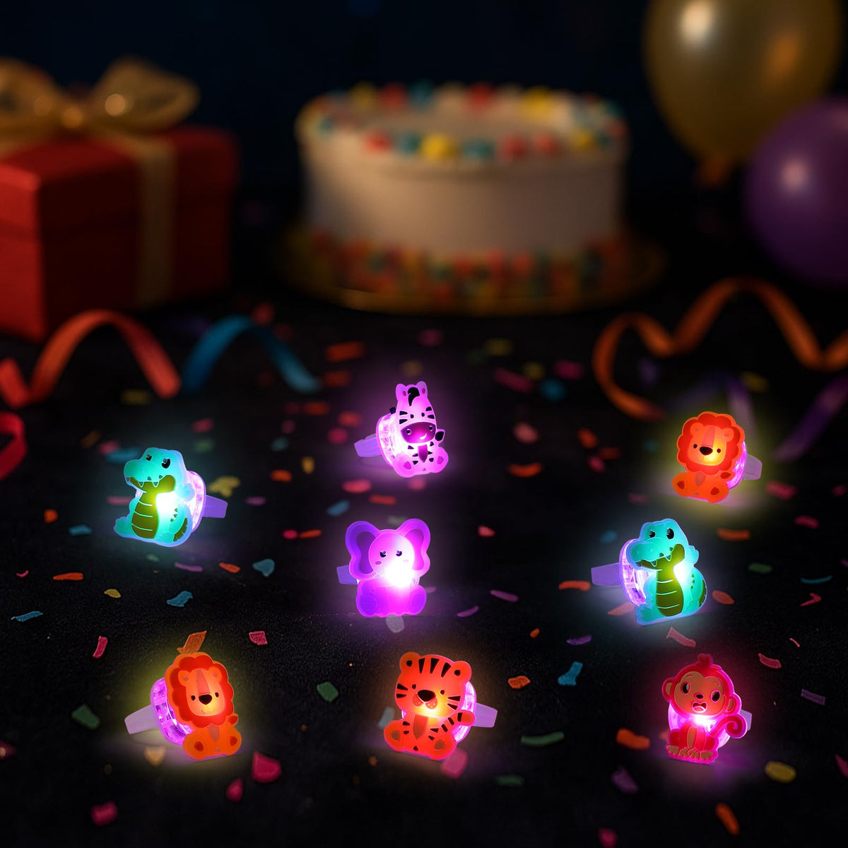 Threelf Jungle Safari Animal Finger Lights – 24 LED Ring Party Favors