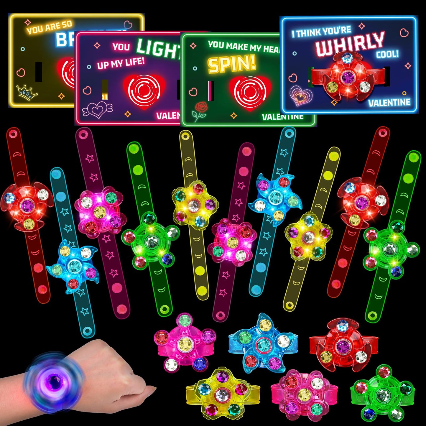 Thremhoo 24-Pcs Light-Up Fidget Spinning Bracelets – Valentines Day Gifts for Kids