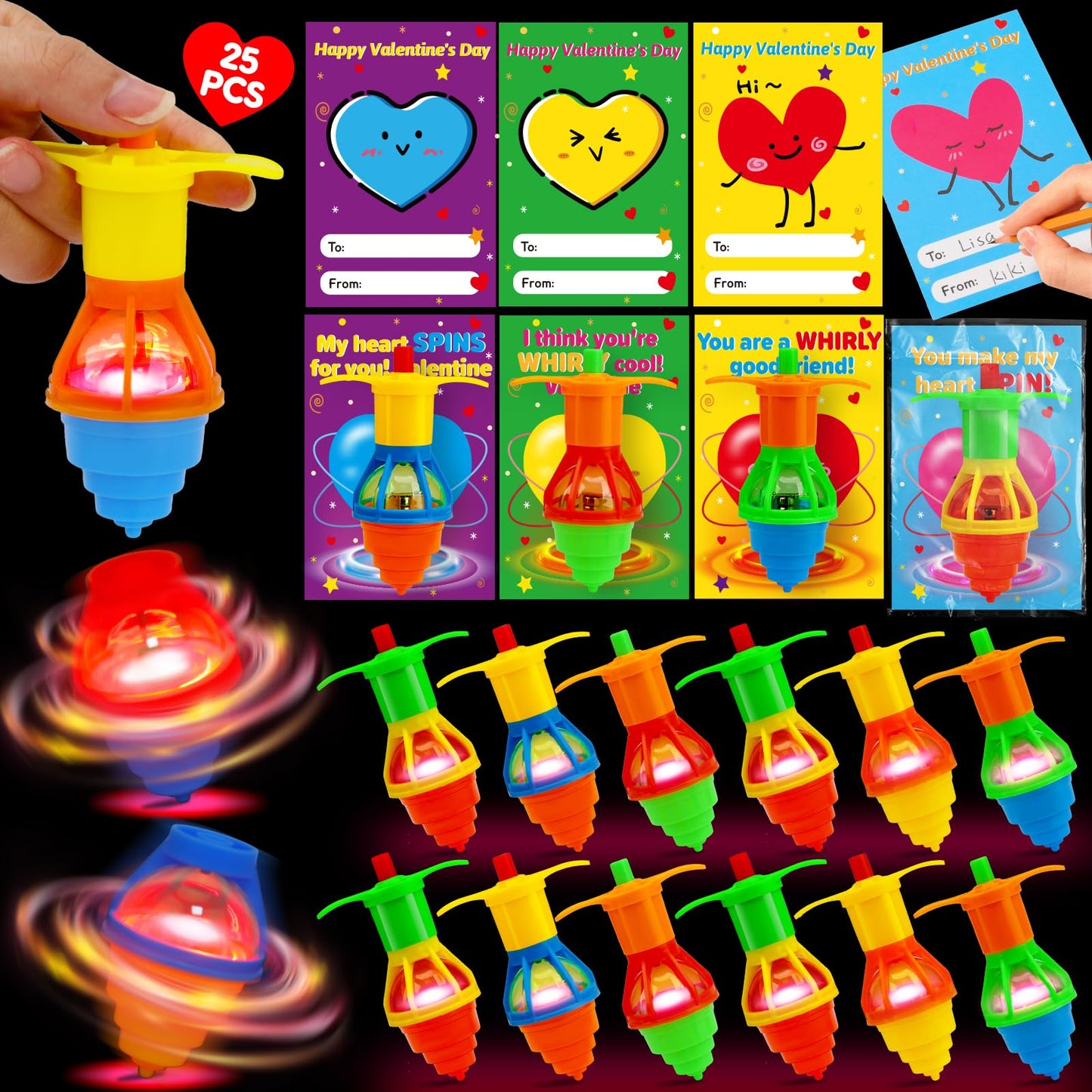 Thremhoo 25Pcs Light Up Spinning Tops – Fun Valentines Day Gifts for Kids & Classroom Favors