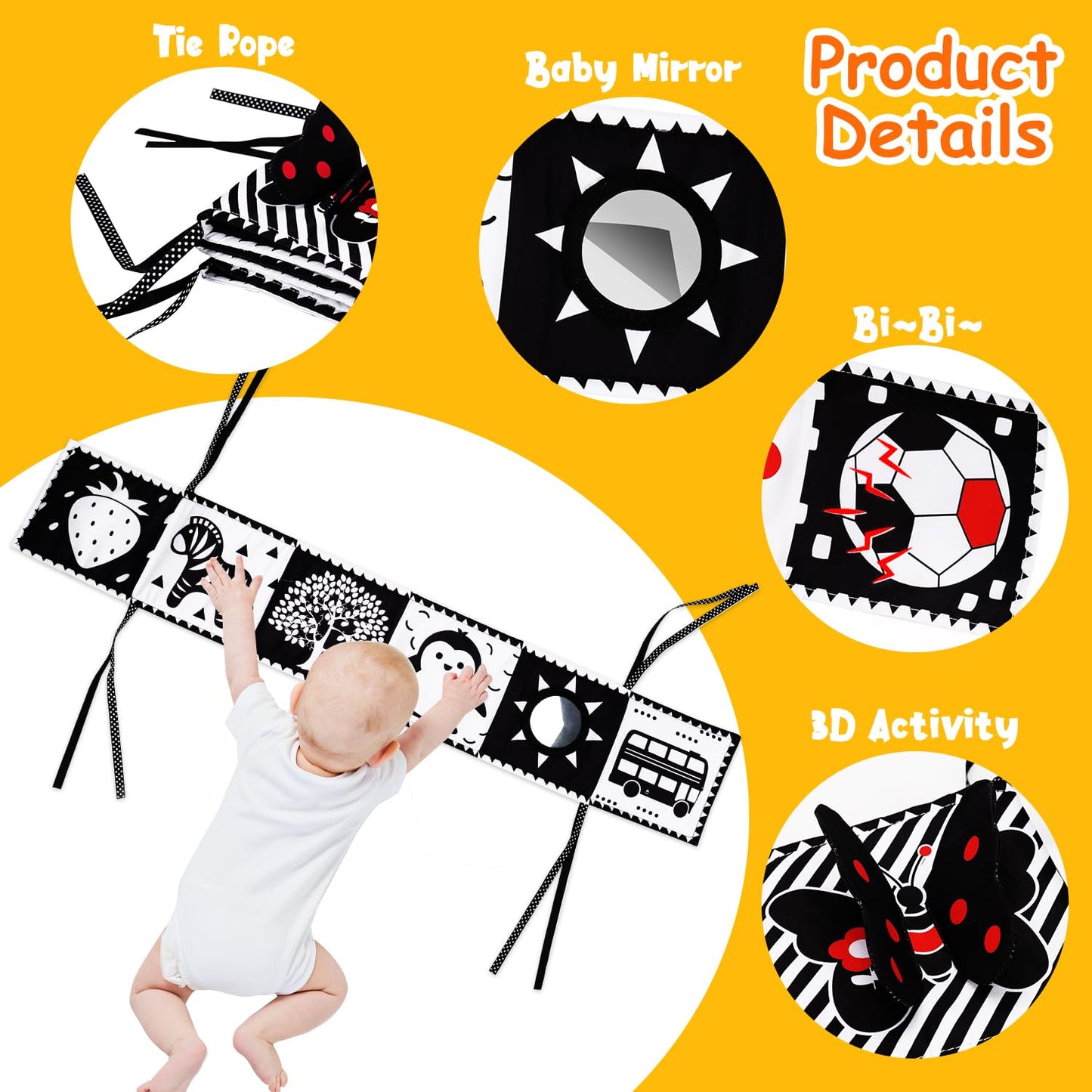 Thremhoo 4-Piece Black & White High Contrast Baby Toy Set – Crinkle Book, Tummy Time Mat, Mirror & Stroller Toys