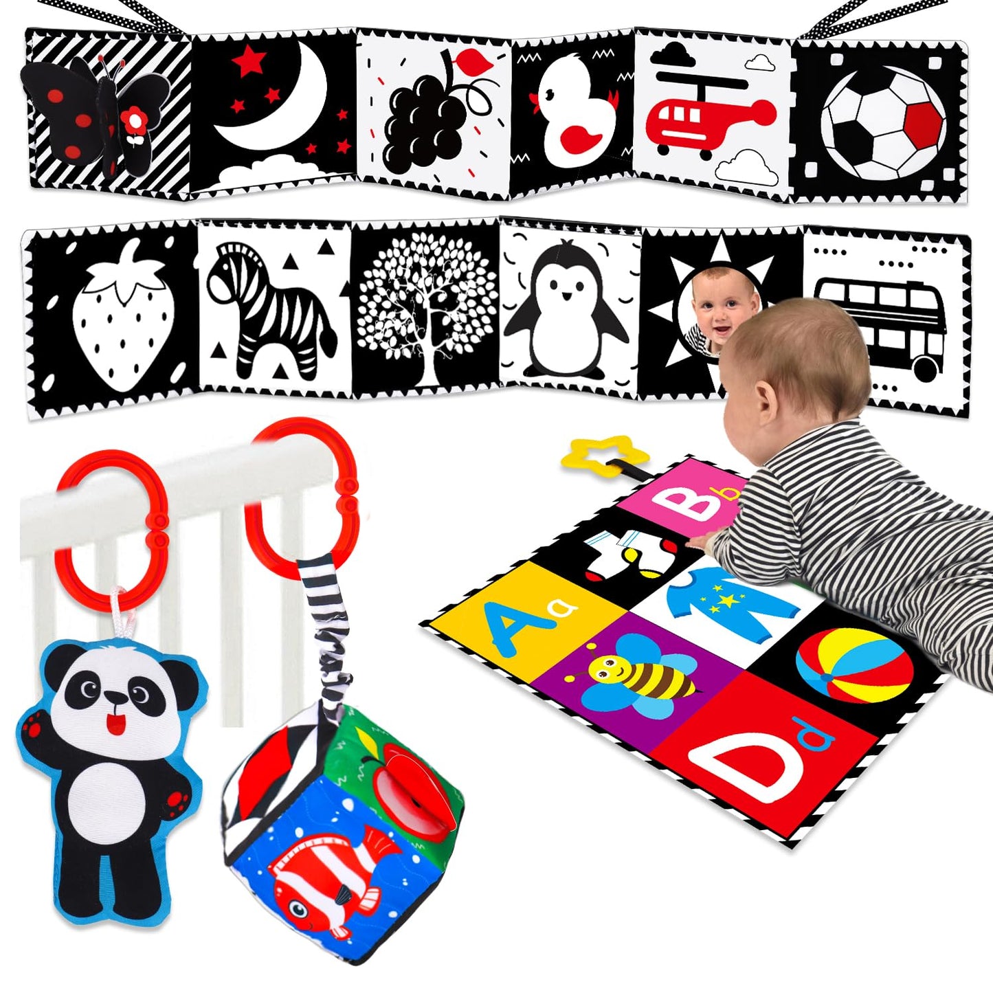 Thremhoo 4-Piece Black & White High Contrast Baby Toy Set – Crinkle Book, Tummy Time Mat, Mirror & Stroller Toys