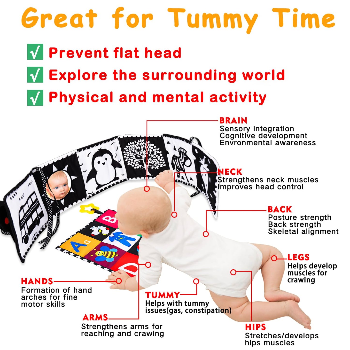 Thremhoo 4-Piece Black & White High Contrast Baby Toy Set – Crinkle Book, Tummy Time Mat, Mirror & Stroller Toys