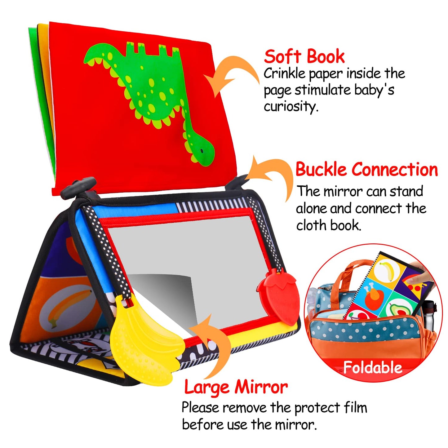 Thremhoo Tummy Time Baby Mirror & Crinkle Book — High-Contrast Sensory Toy for 0-6 Months