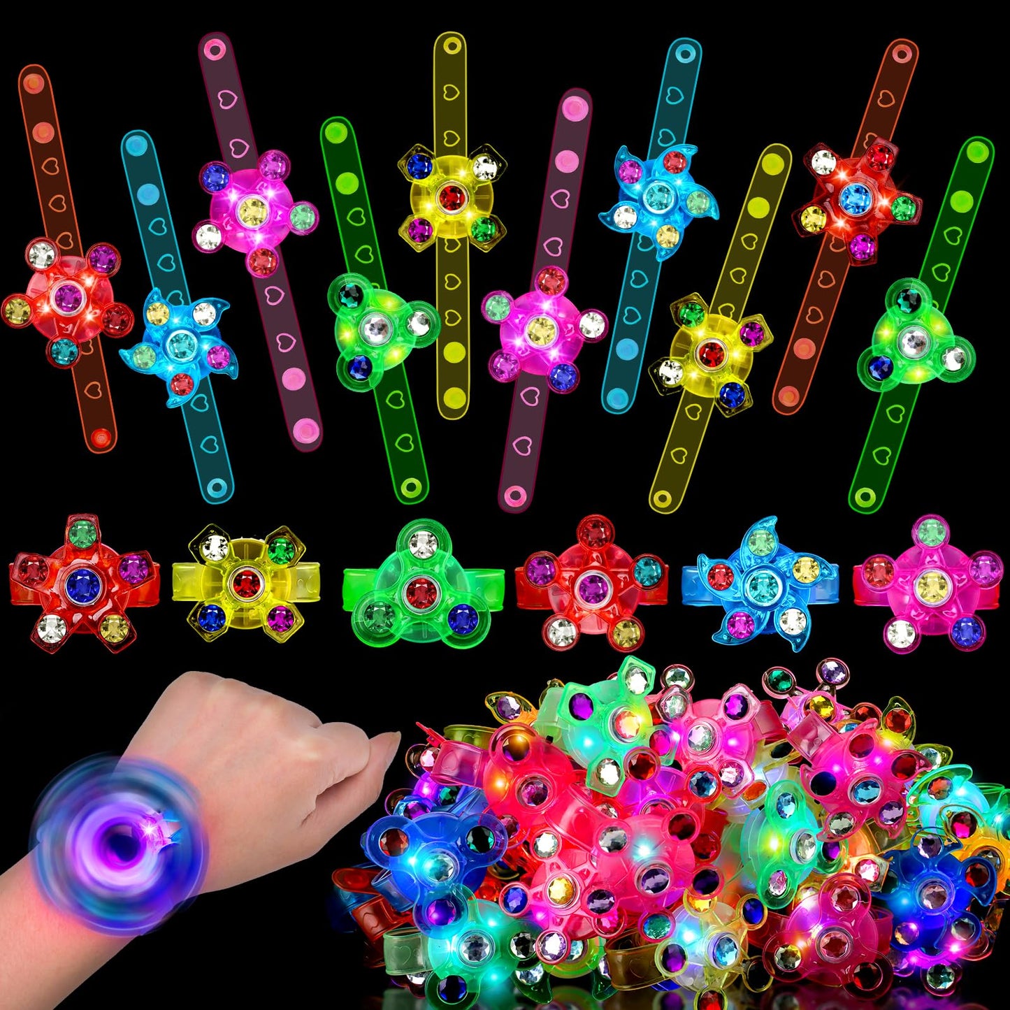 Thremhoo 48-Piece LED Light Up Fidget Spinner Bracelets – Bulk Party Favors for Kids 4–12