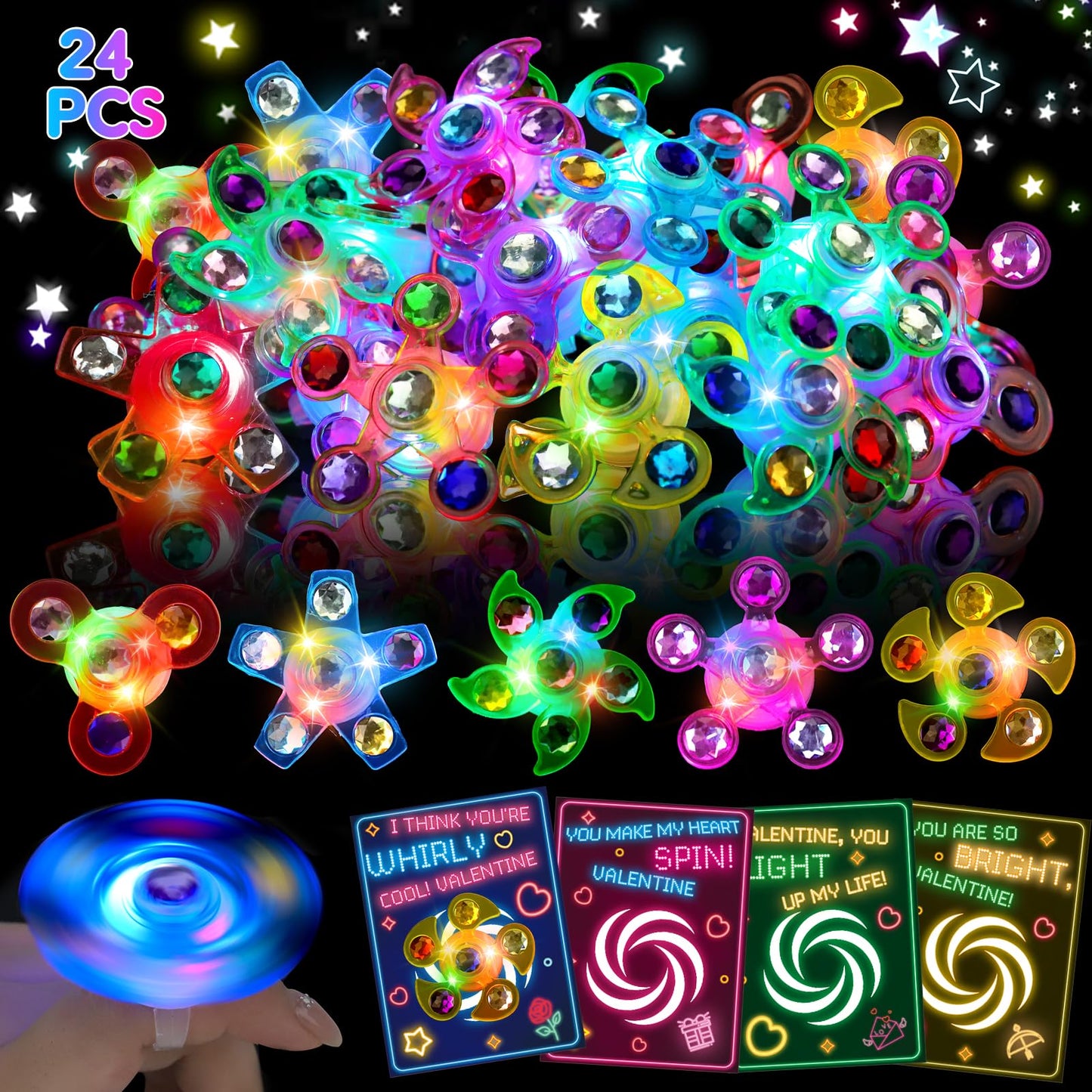 Thremhoo 24Pcs LED Light Up Fidget Spinner Rings with Valentines Cards – Classroom Party Favors Bulk