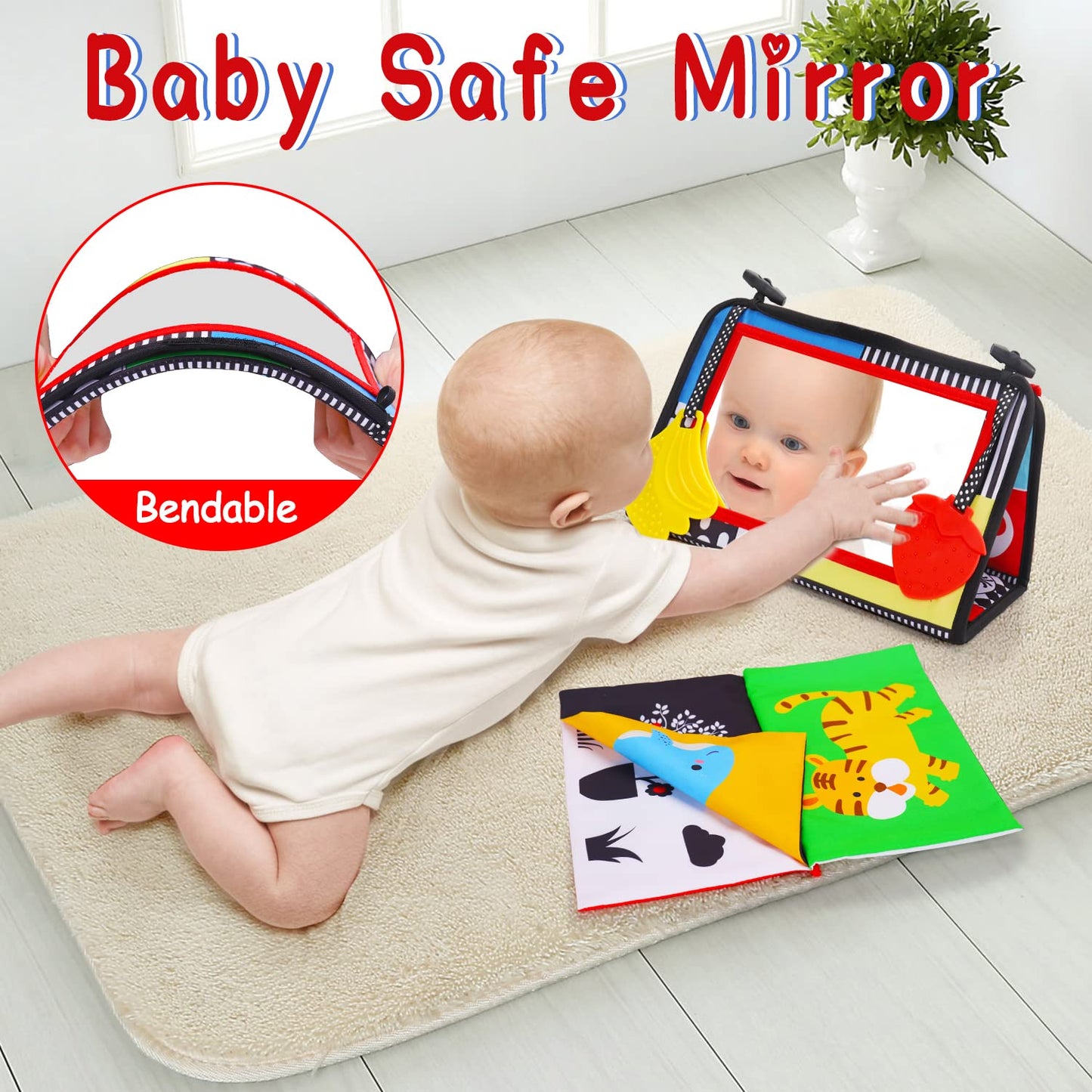 Thremhoo Tummy Time Baby Mirror & Crinkle Book — High-Contrast Sensory Toy for 0-6 Months