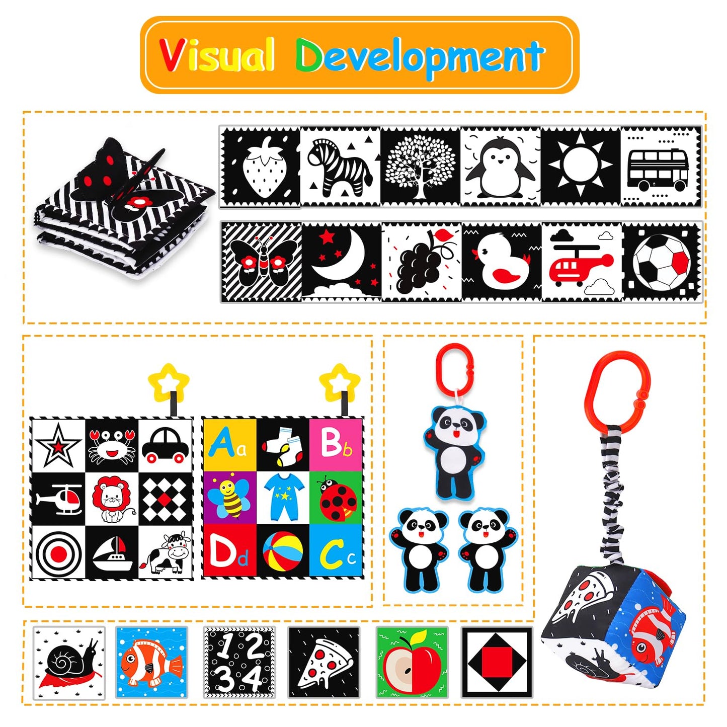 Thremhoo 4-Piece Black & White High Contrast Baby Toy Set – Crinkle Book, Tummy Time Mat, Mirror & Stroller Toys