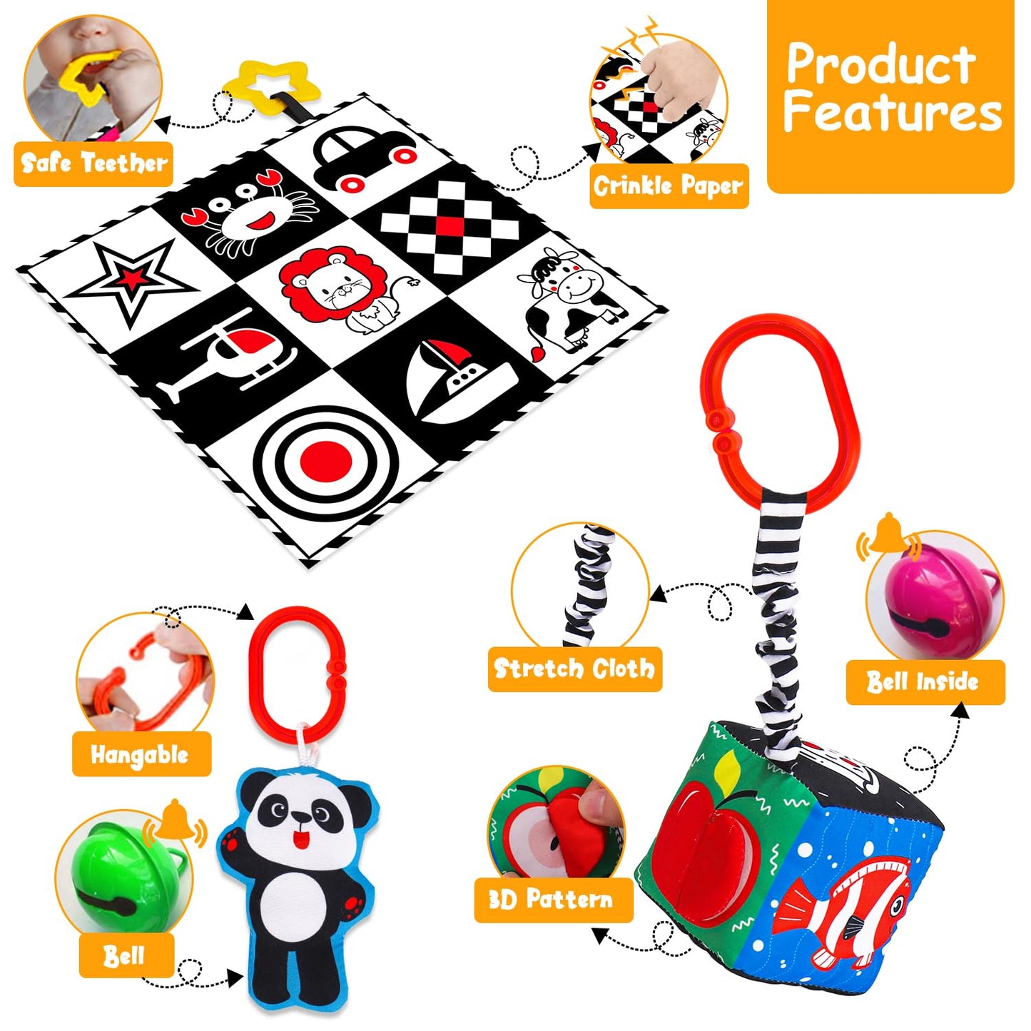 Thremhoo 4-Piece Black & White High Contrast Baby Toy Set – Crinkle Book, Tummy Time Mat, Mirror & Stroller Toys