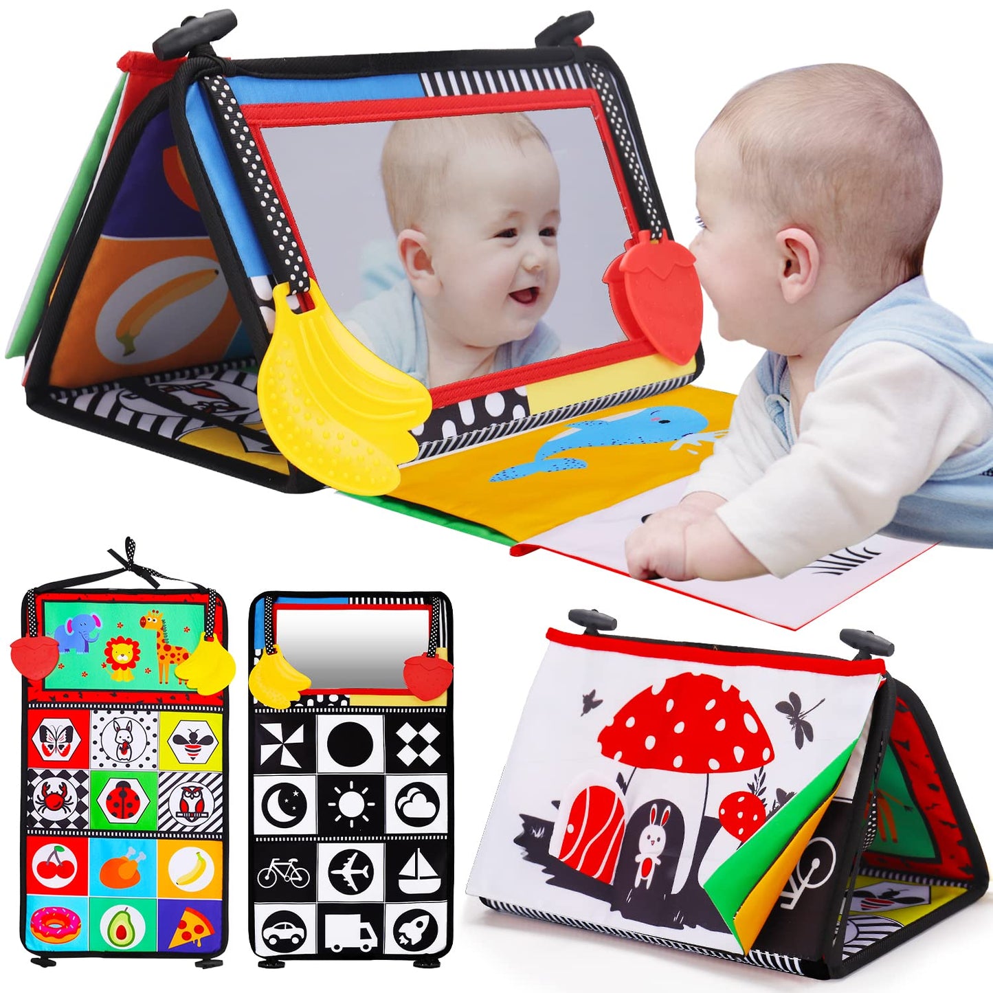 Thremhoo Tummy Time Baby Mirror & Crinkle Book — High-Contrast Sensory Toy for 0-6 Months