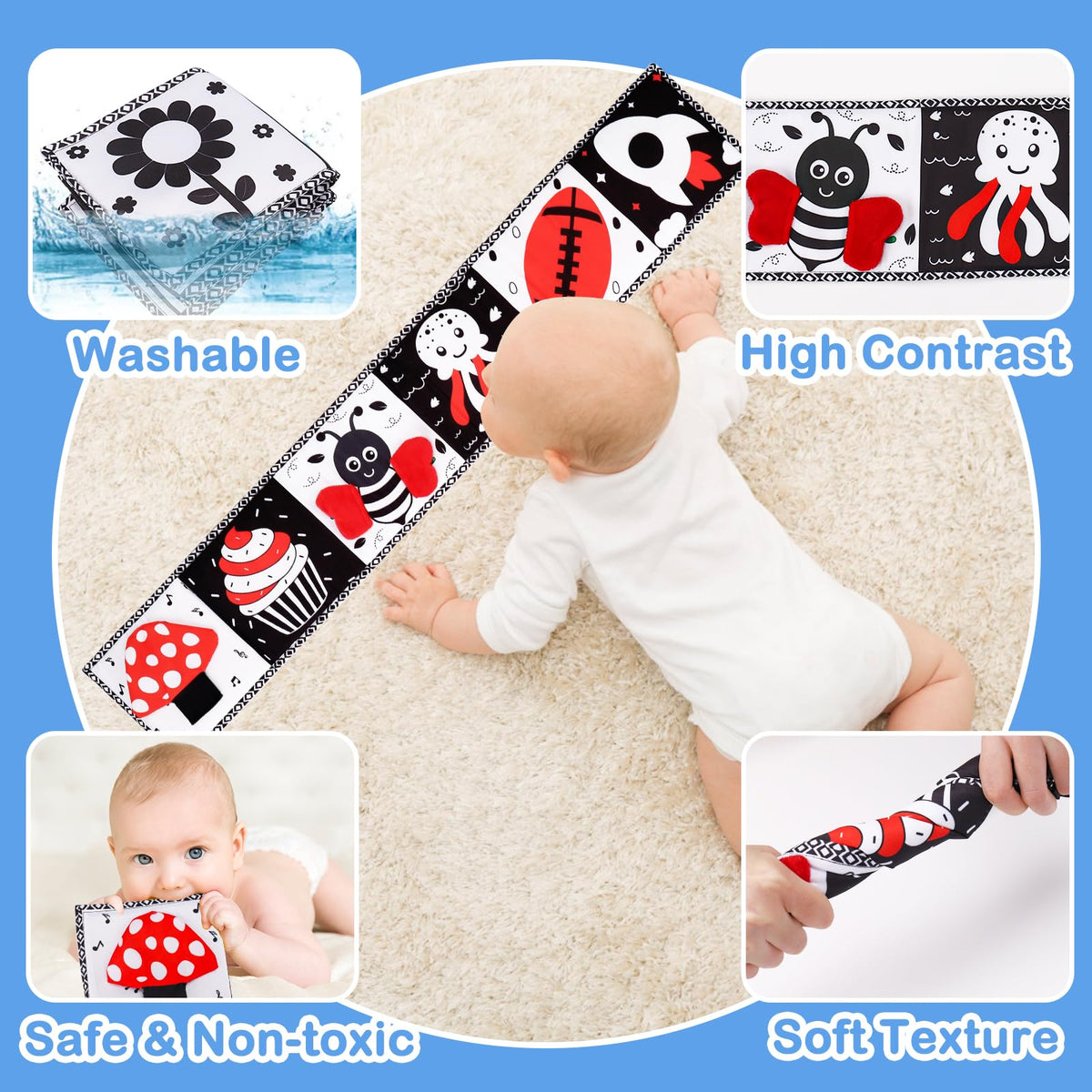 Thremhoo High-Contrast Baby Soft Book | 0-6 Months Tummy Time & Sensory Toy