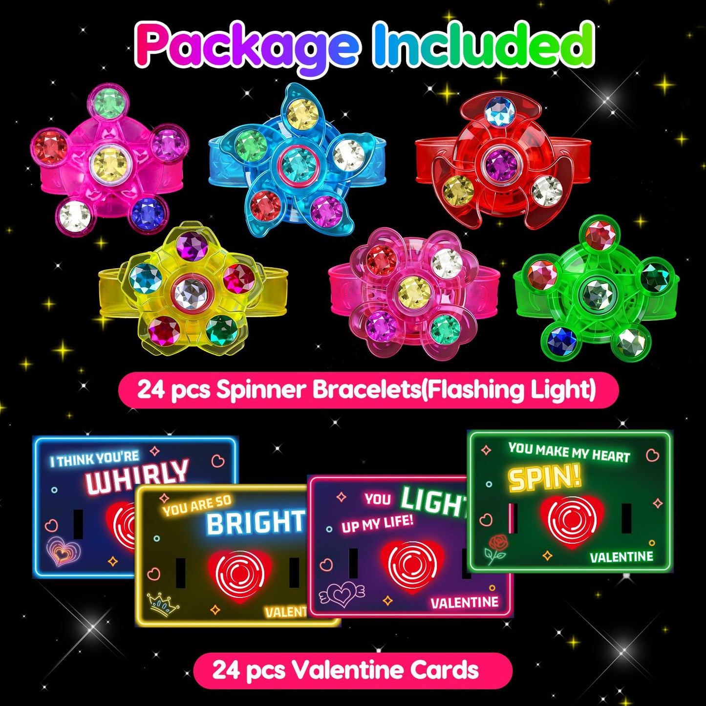 Thremhoo 24-Pcs Light-Up Fidget Spinning Bracelets – Valentines Day Gifts for Kids