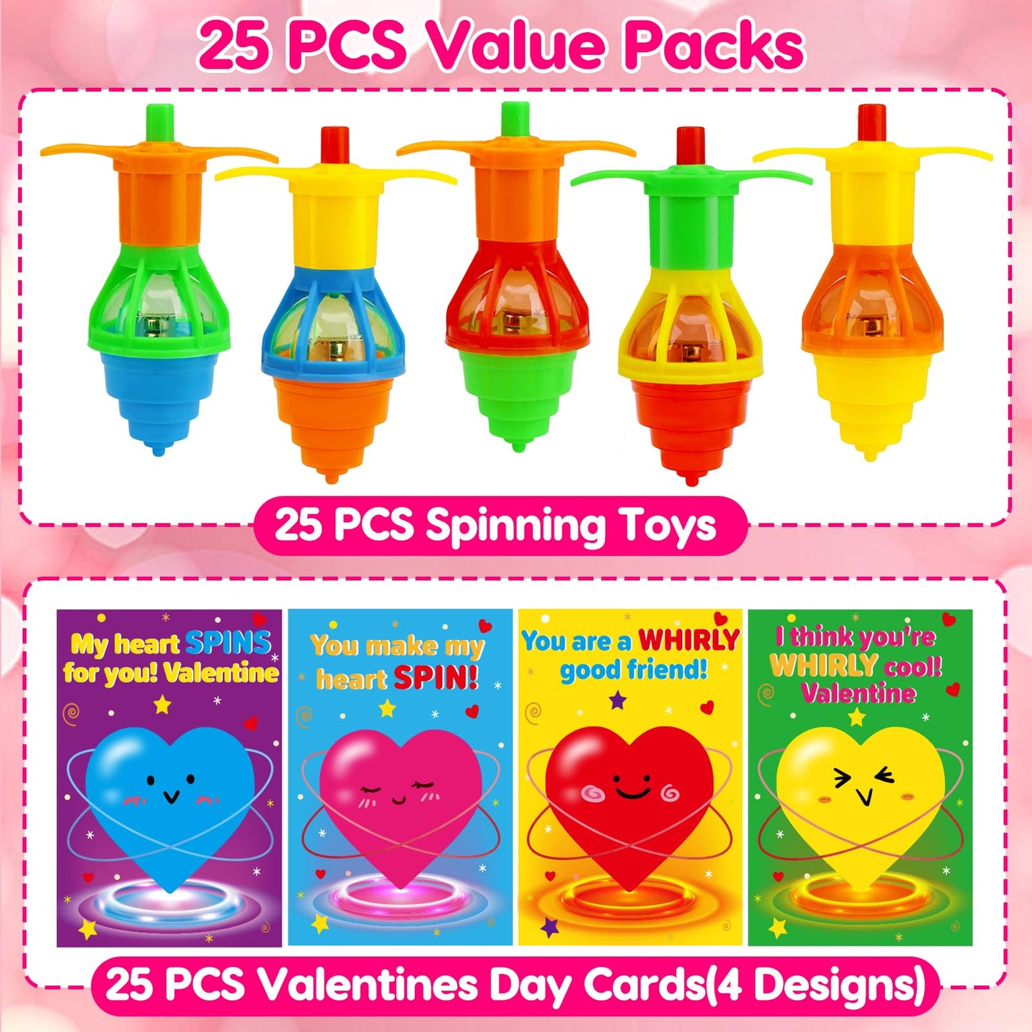 Thremhoo 25Pcs Light Up Spinning Tops – Fun Valentines Day Gifts for Kids & Classroom Favors