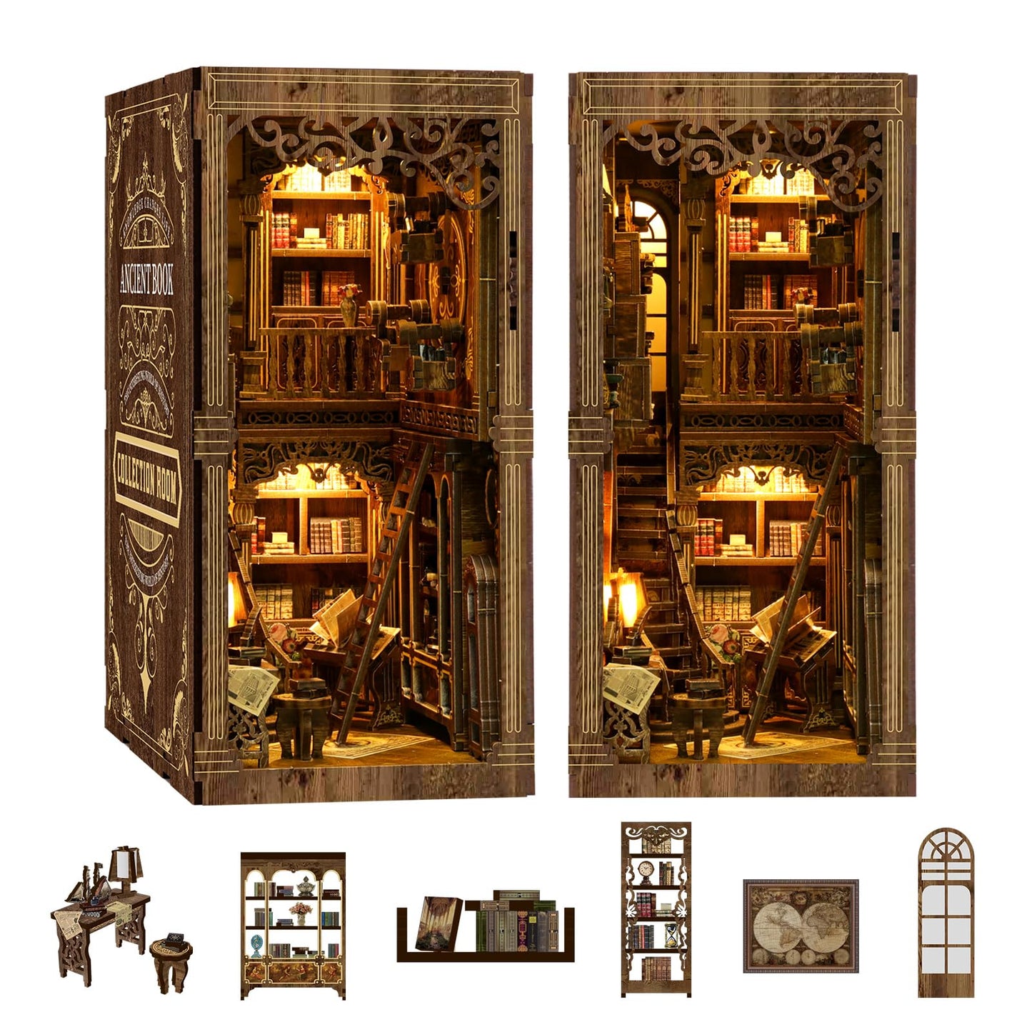 THRIVINGIVAN Book Nook Kit for Adults – 3D Wooden Puzzle with Sensor LED Light for Bookshelf Decor