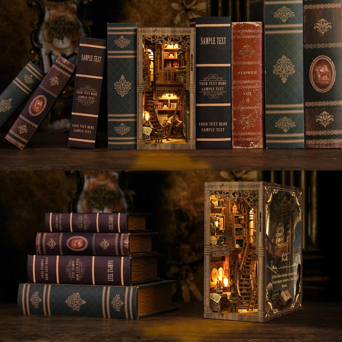 THRIVINGIVAN Book Nook Kit for Adults – 3D Wooden Puzzle with Sensor LED Light for Bookshelf Decor