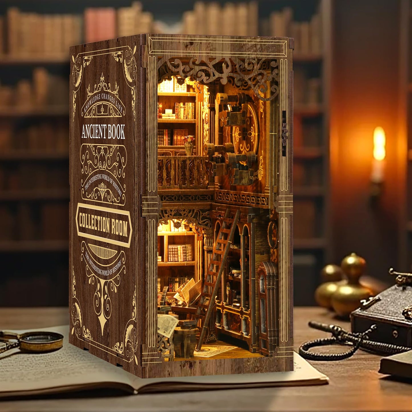 THRIVINGIVAN Book Nook Kit for Adults – 3D Wooden Puzzle with Sensor LED Light for Bookshelf Decor
